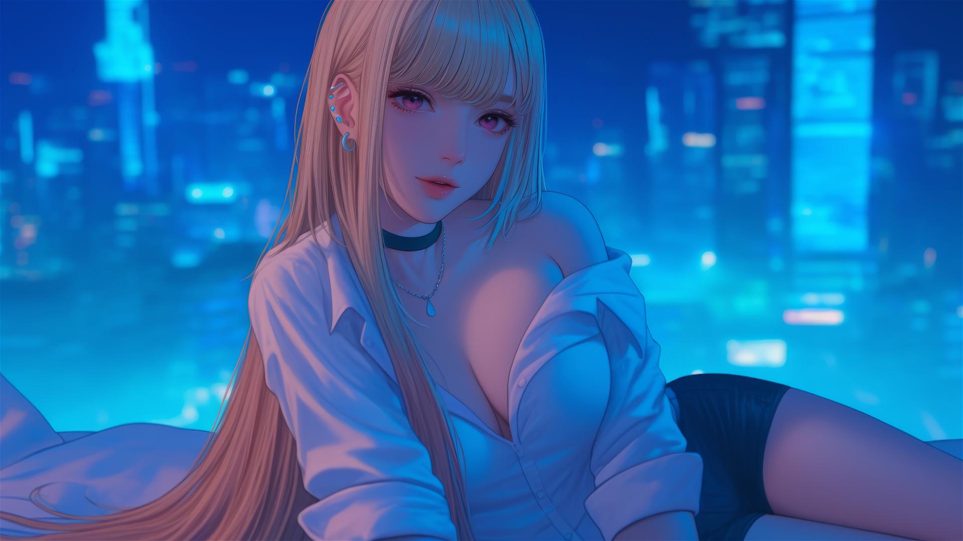 Marin Kitagawa from Kurikami City sitting on a hotel bed with moonlight glow