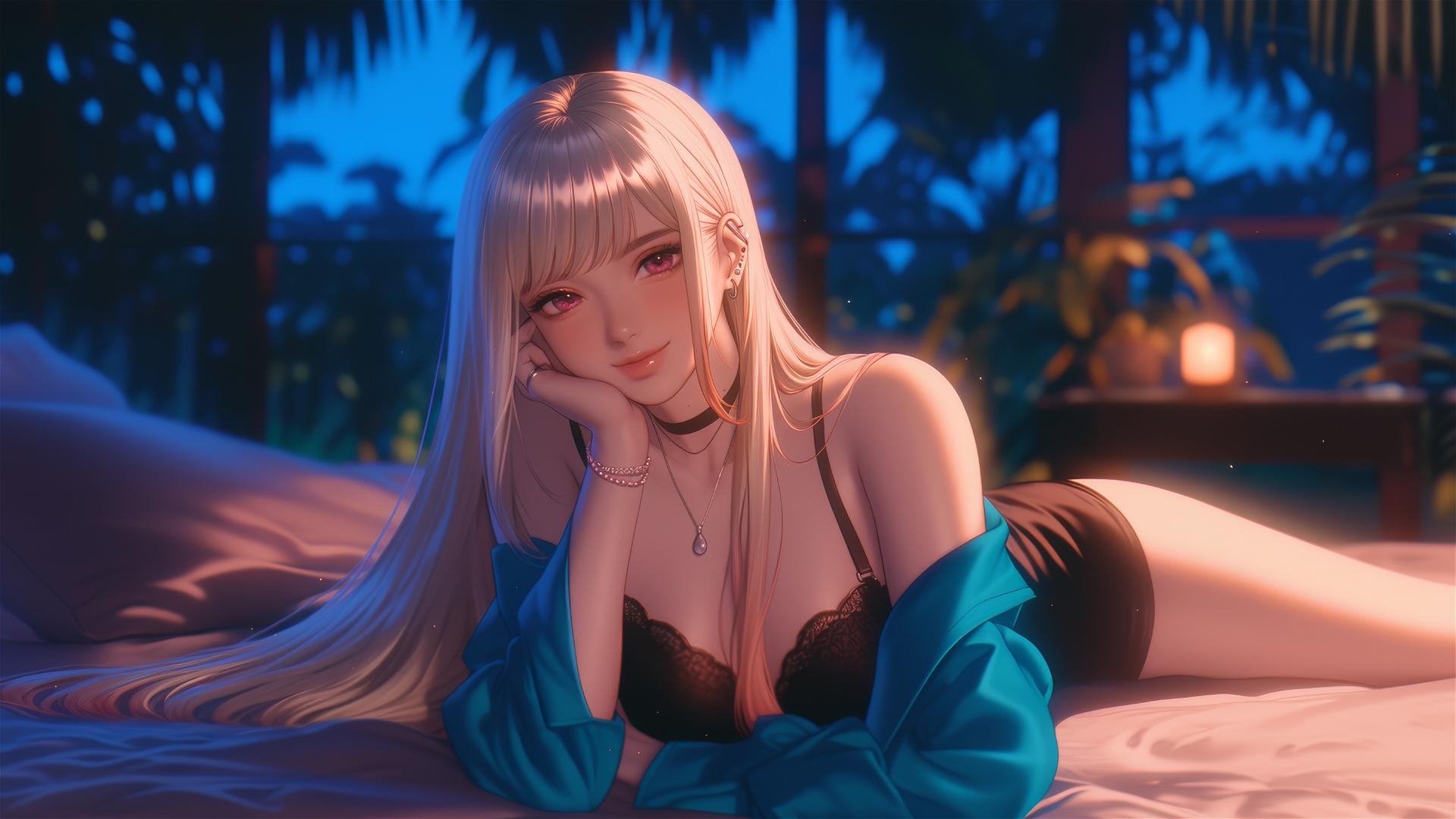 Marin Kitagawa sitting on a hotel bed with moonlight highlighting her features