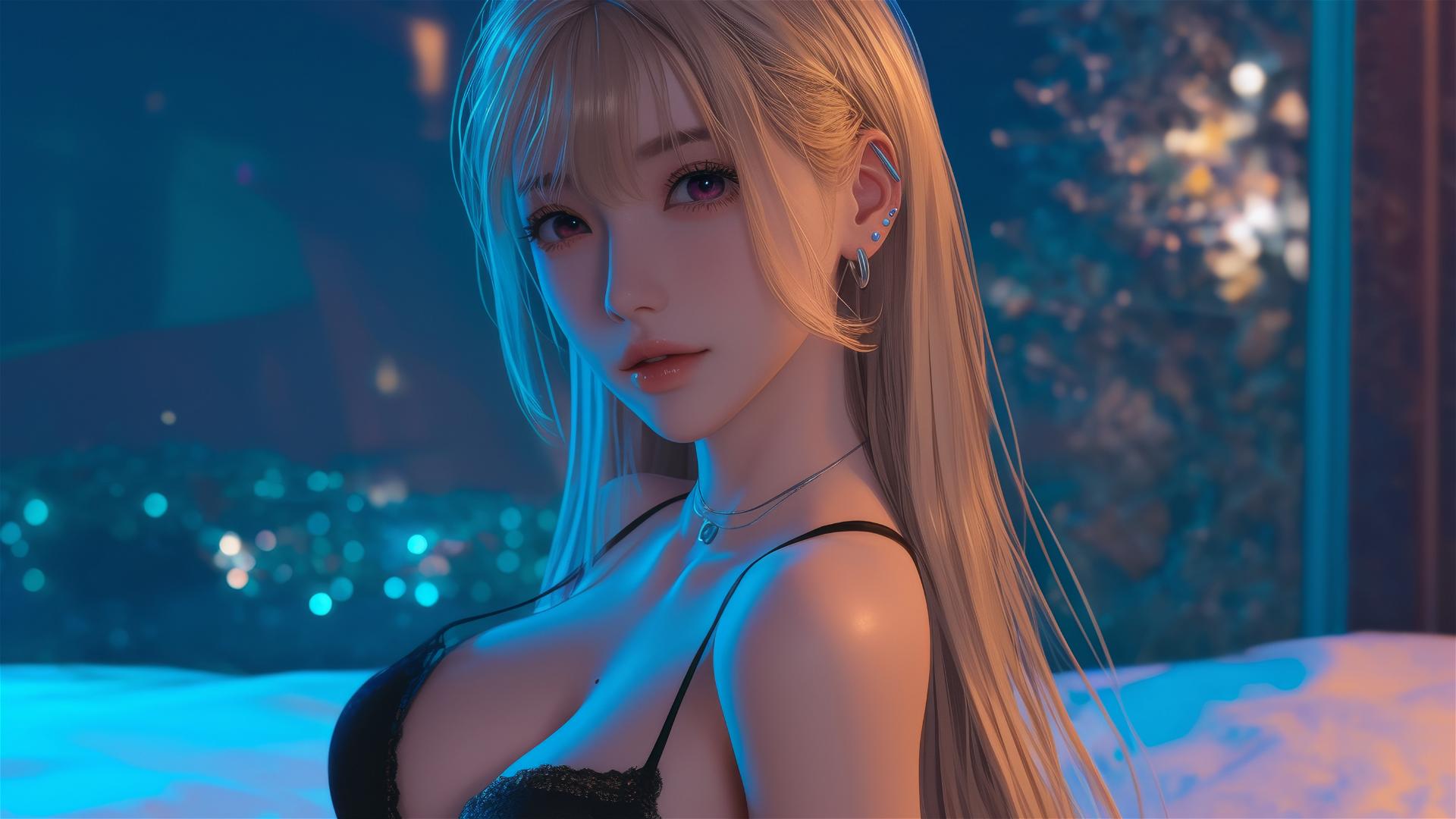 Marin Kitagawa sitting on hotel bed under moonlight