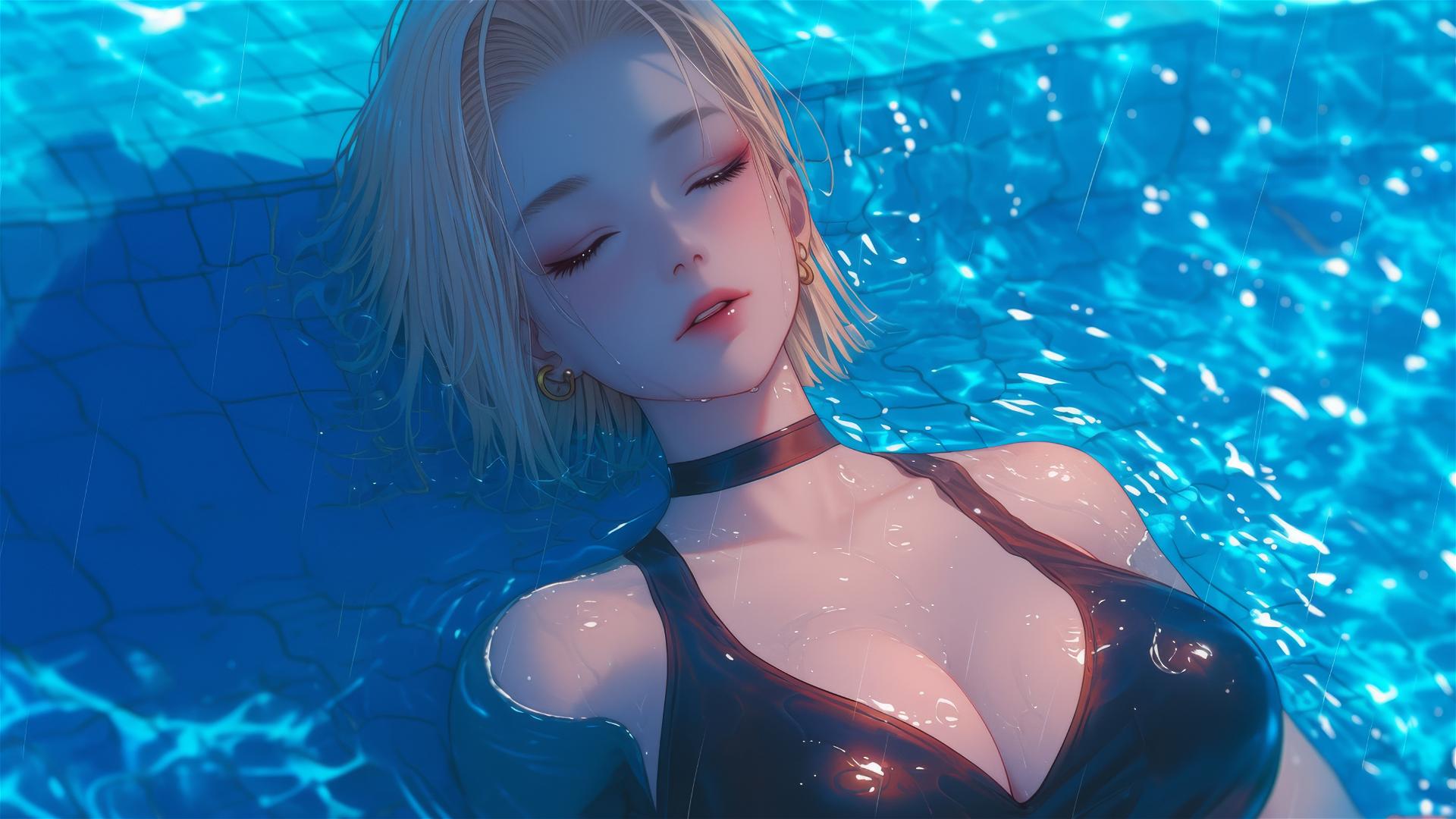 Android 18 from Dragon Ball resting by a rainy swimming pool