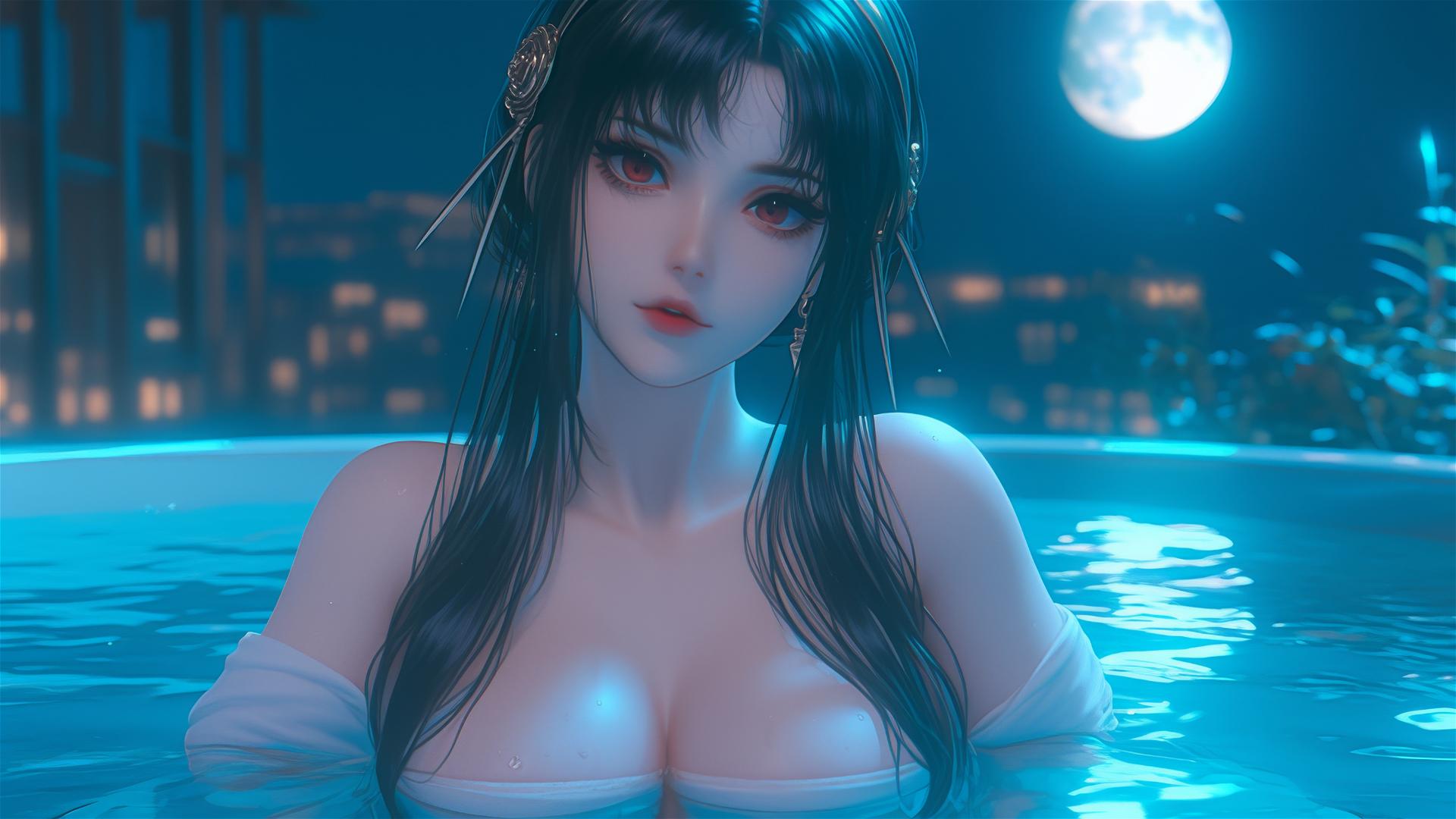 Yor Forger relaxing in a tub under moonlight