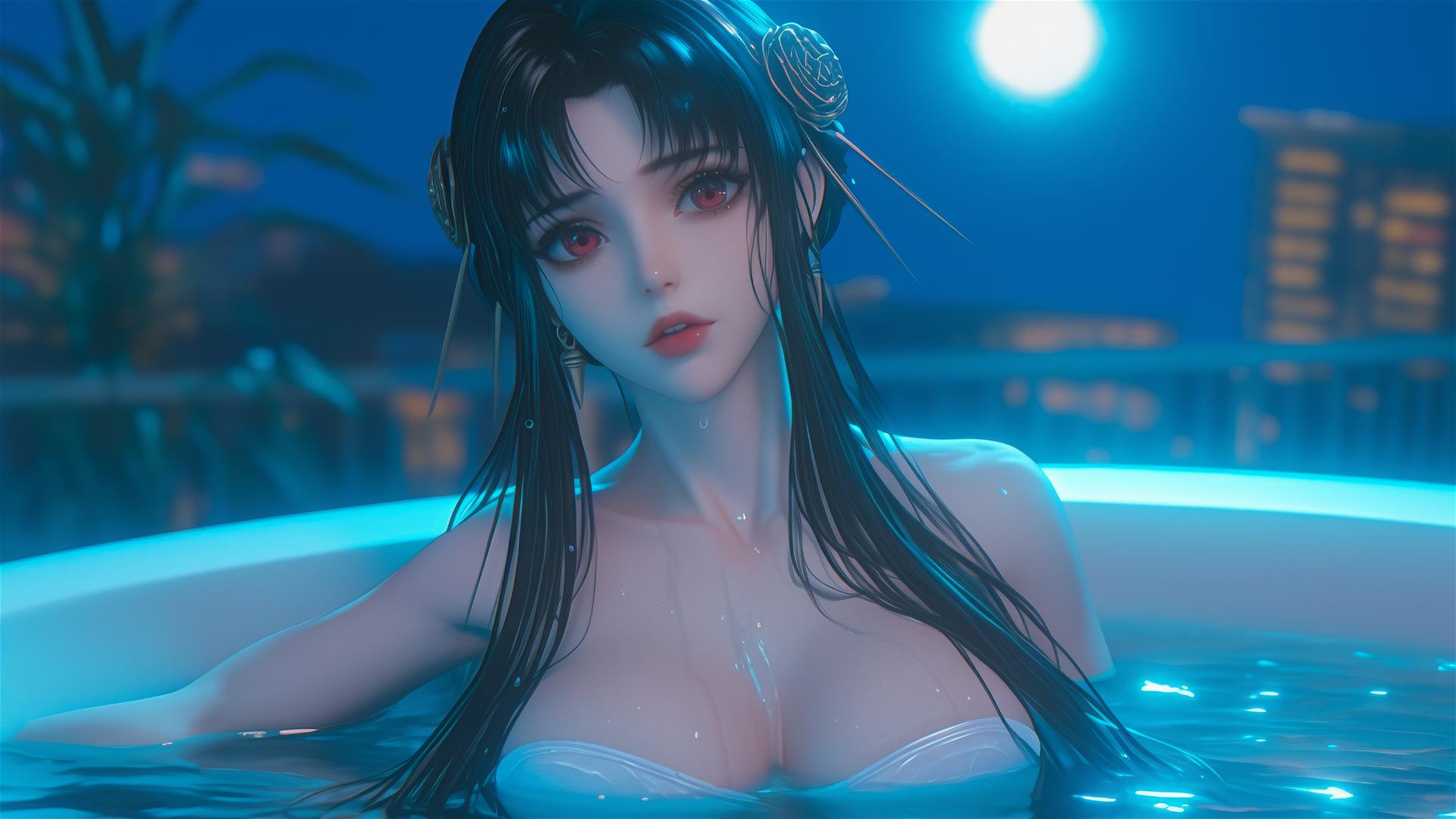Yor Forger from Spy x Family resting in a tub under moonlight