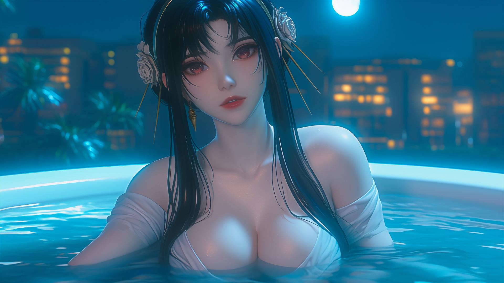 Yor Forger resting in a tub under moonlight