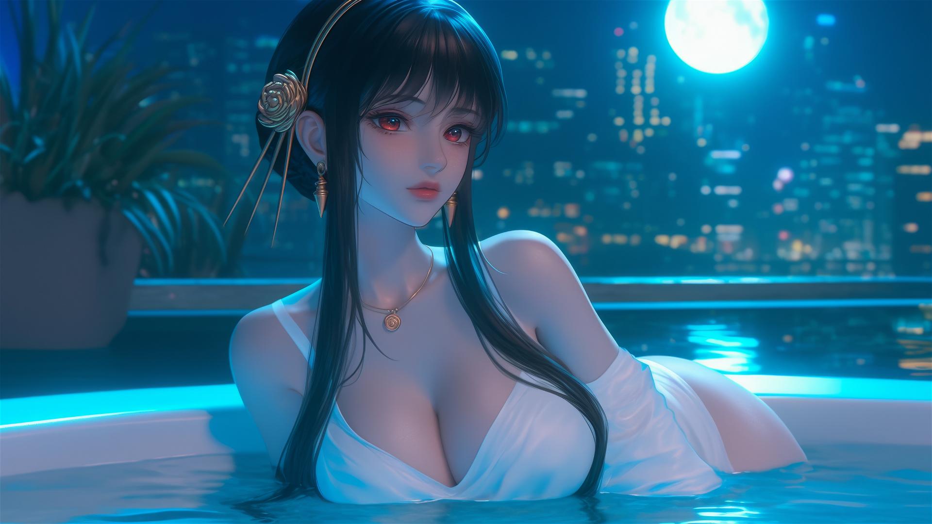 Yor Forger from Spy x Family resting in a tub with moonlight glow