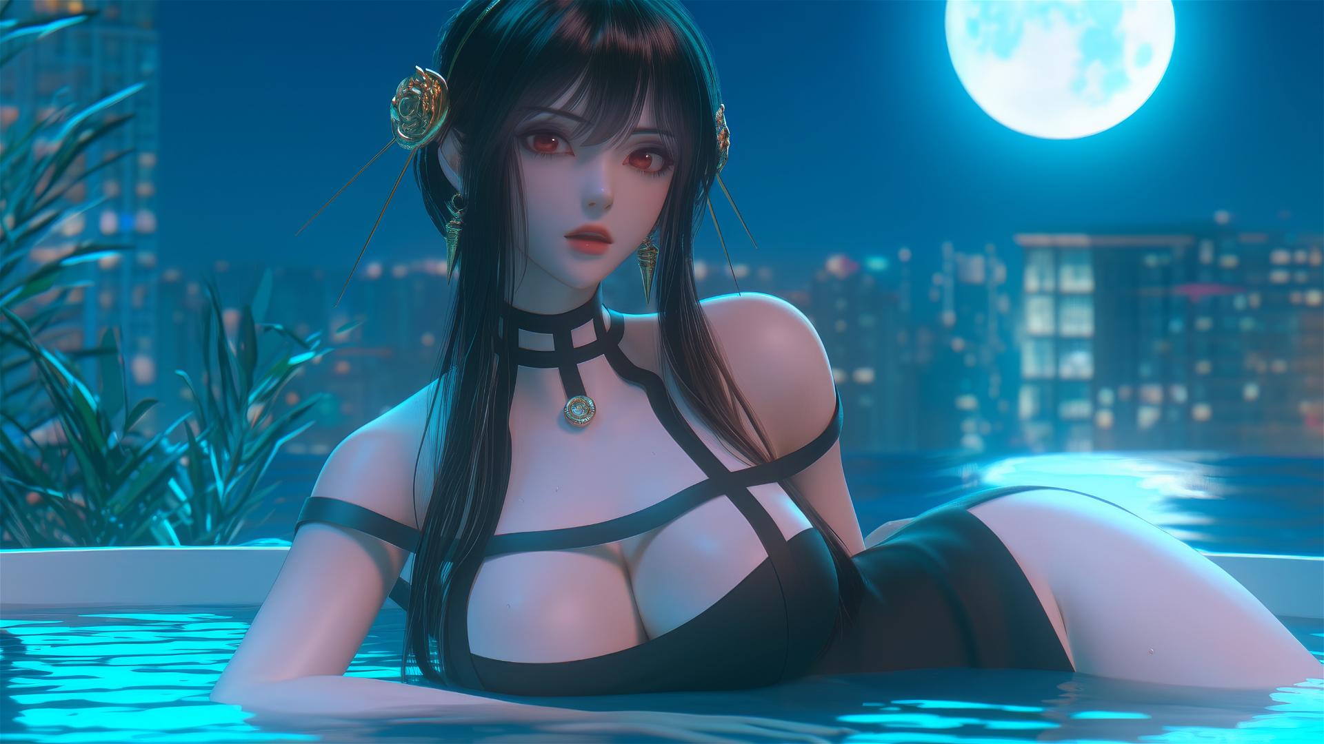 Yor Forger resting in a tub under moonlight