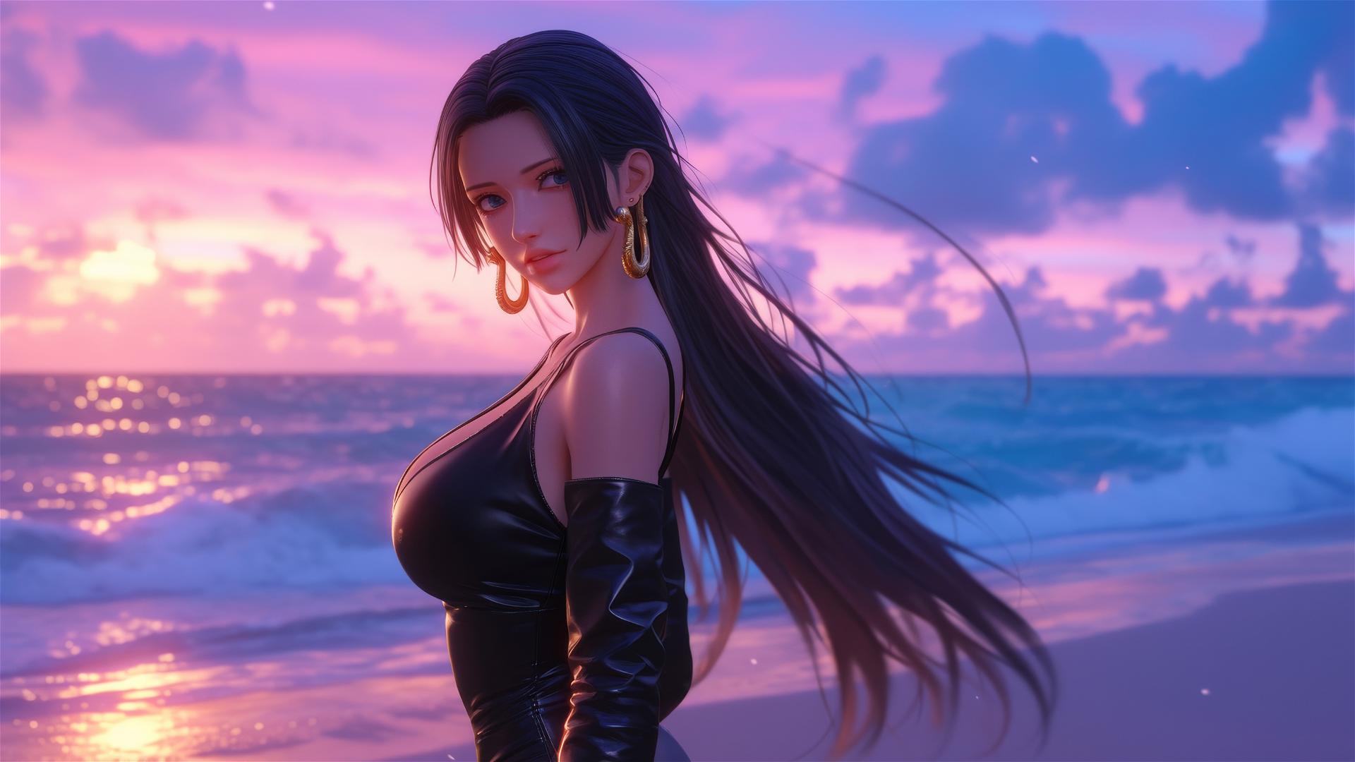 Boa Hancock from One Piece strolls on a beach against a neon pink sky