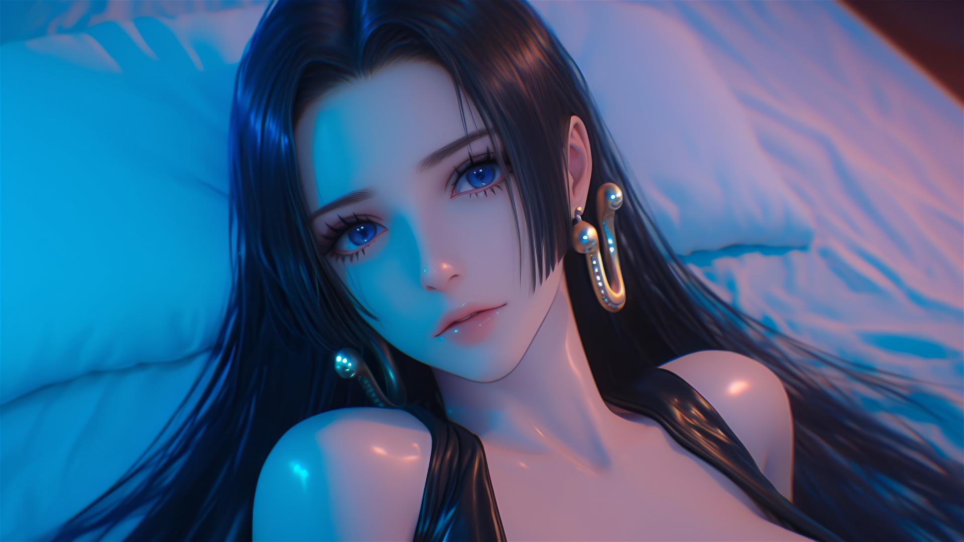High angle of Boa Hancock in black and pink leather on bed, neon colors, pink background, anime style