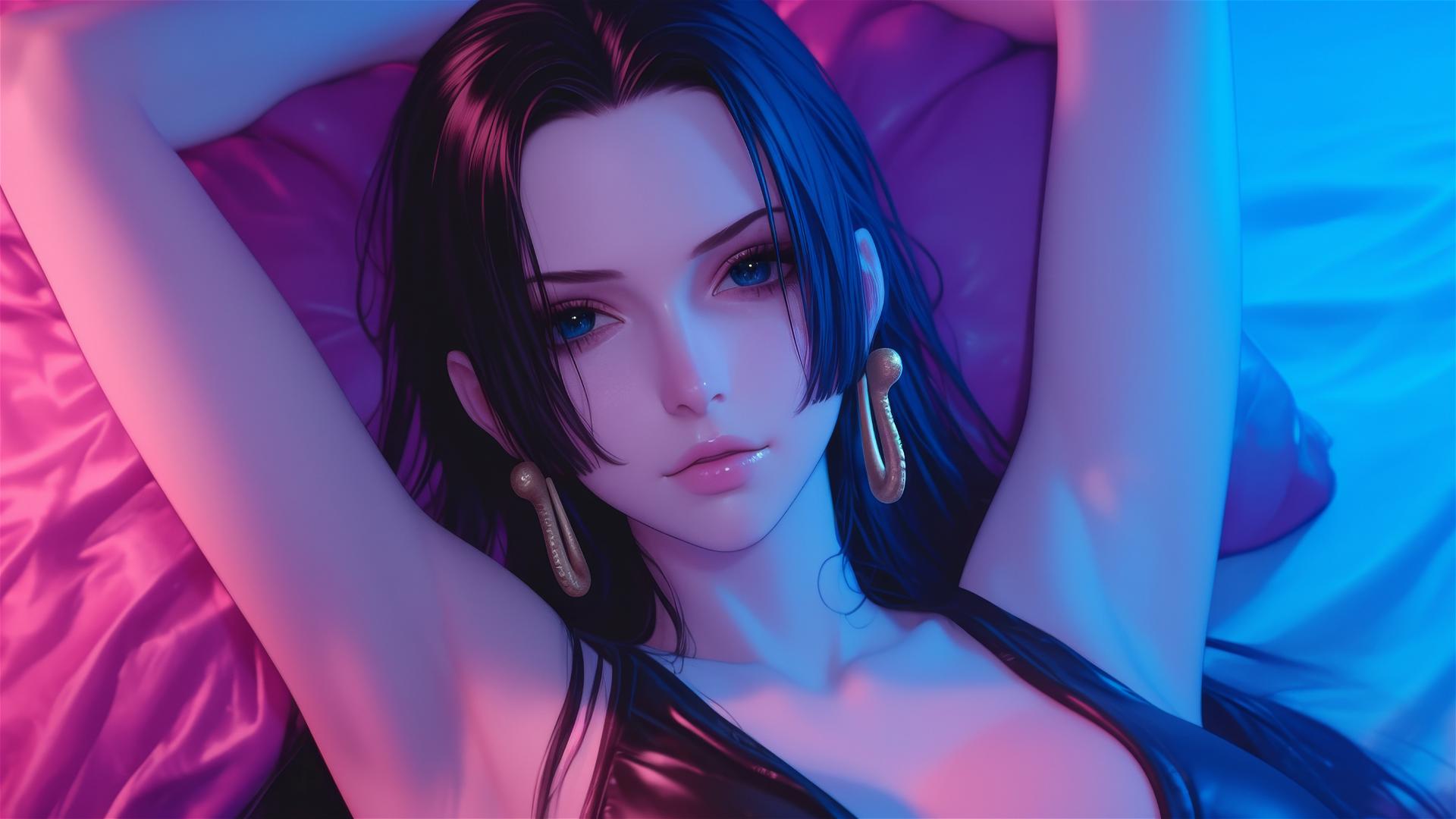 Boa Hancock in bed wearing black and pink leather, neon colors, pink background