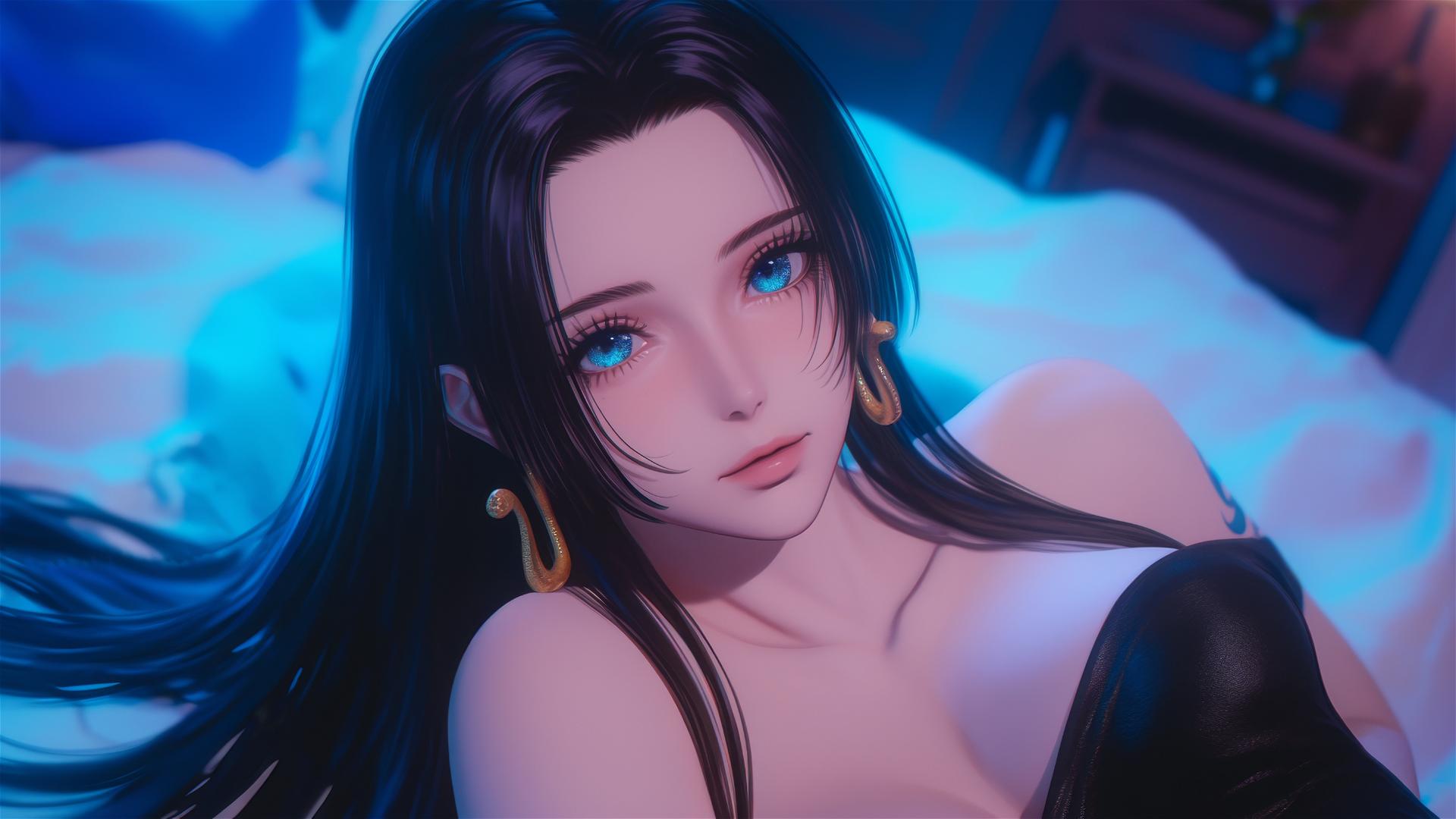 Boa Hancock from One Piece in bed, wearing black and pink leather, neon colors, pink background, high contrast, anime style, hyper realistic.