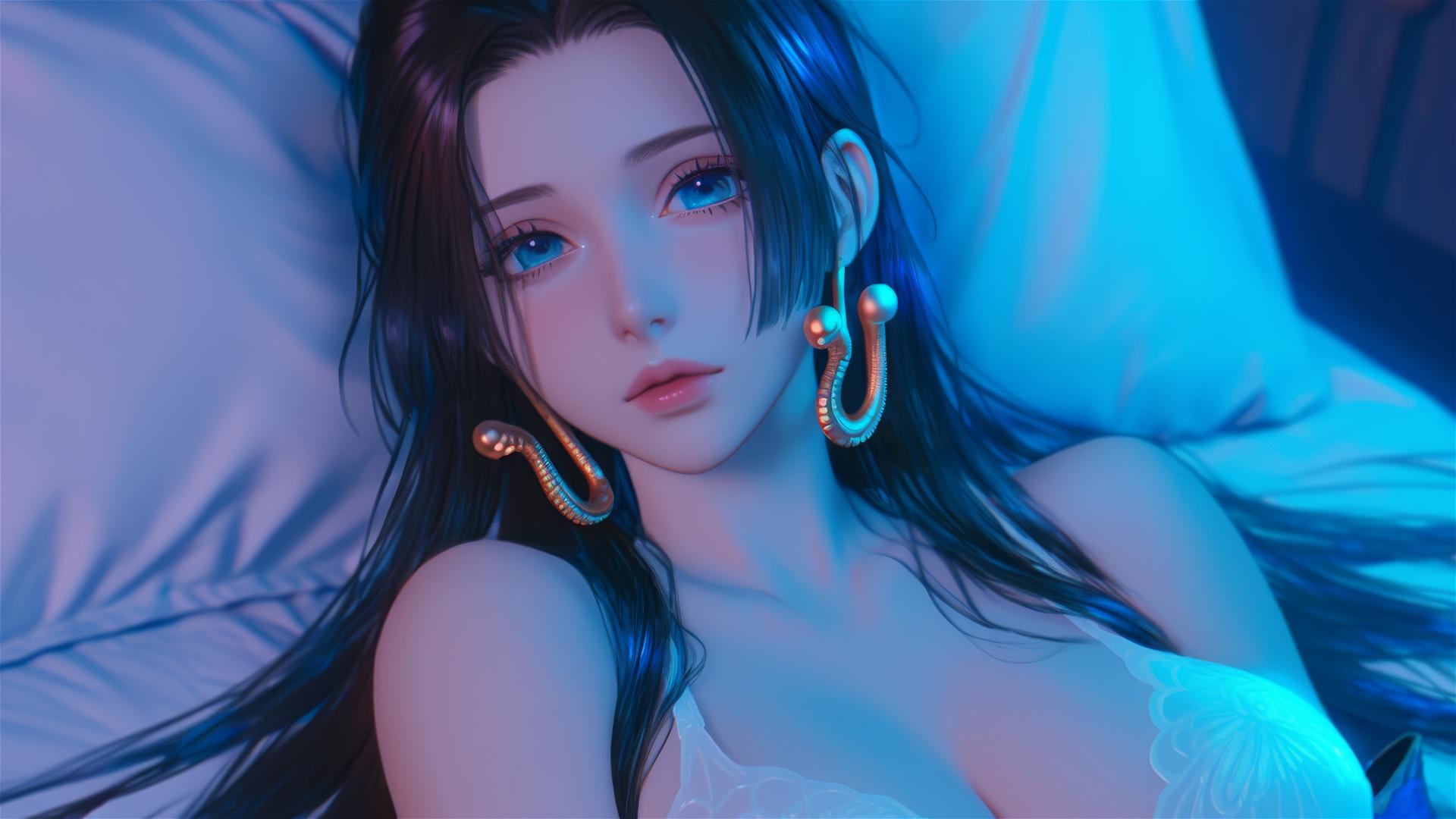 High angle view of Boa Hancock from One Piece in bed with neon colors and pink background