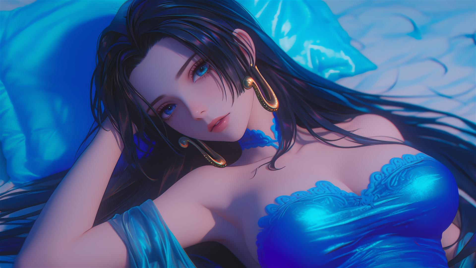 Boa Hancock in bed, neon colors, pink backdrop, anime style