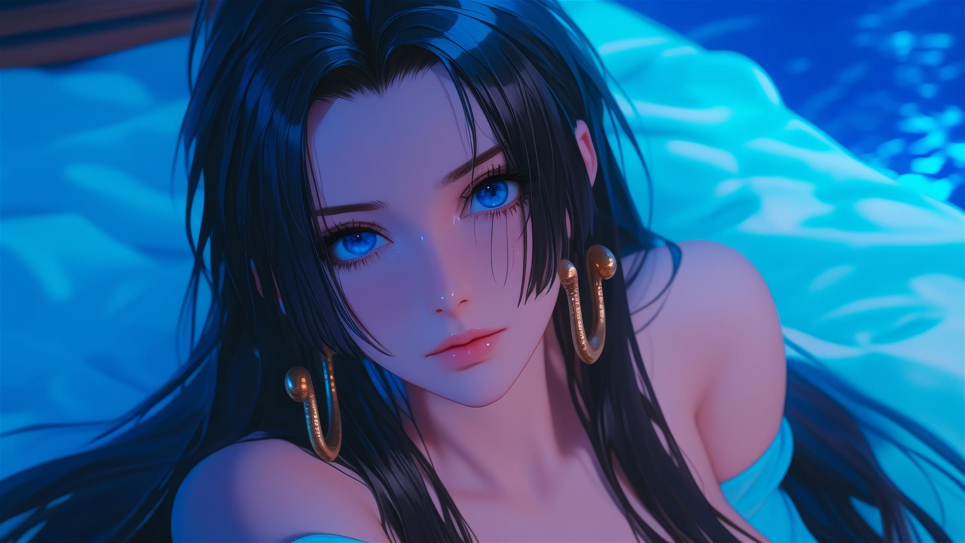 High angle view of Boa Hancock from One Piece in bed with neon colors and a pink background
