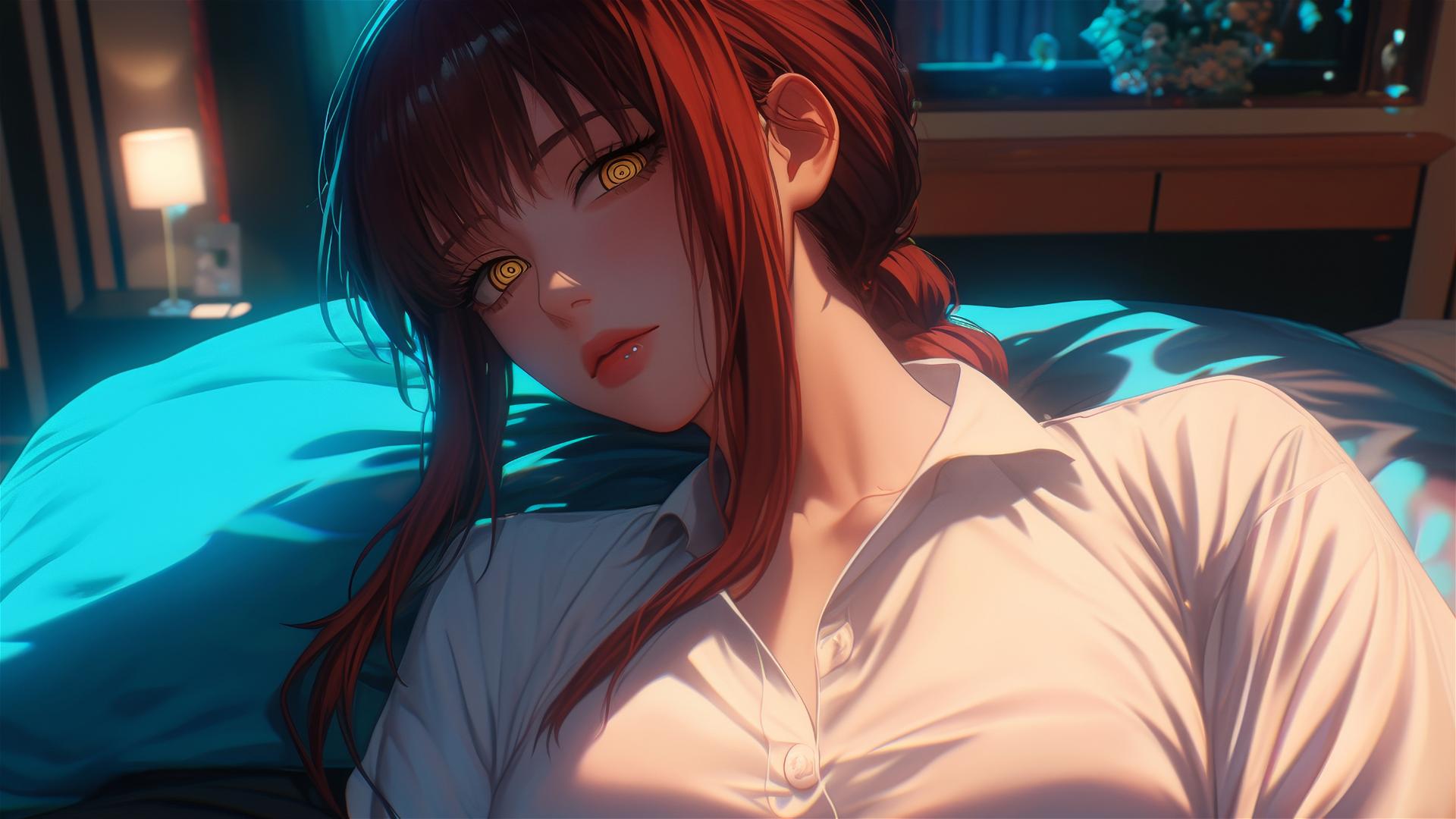 High angle of Makima from Chainsaw Man in bed with reddish hair