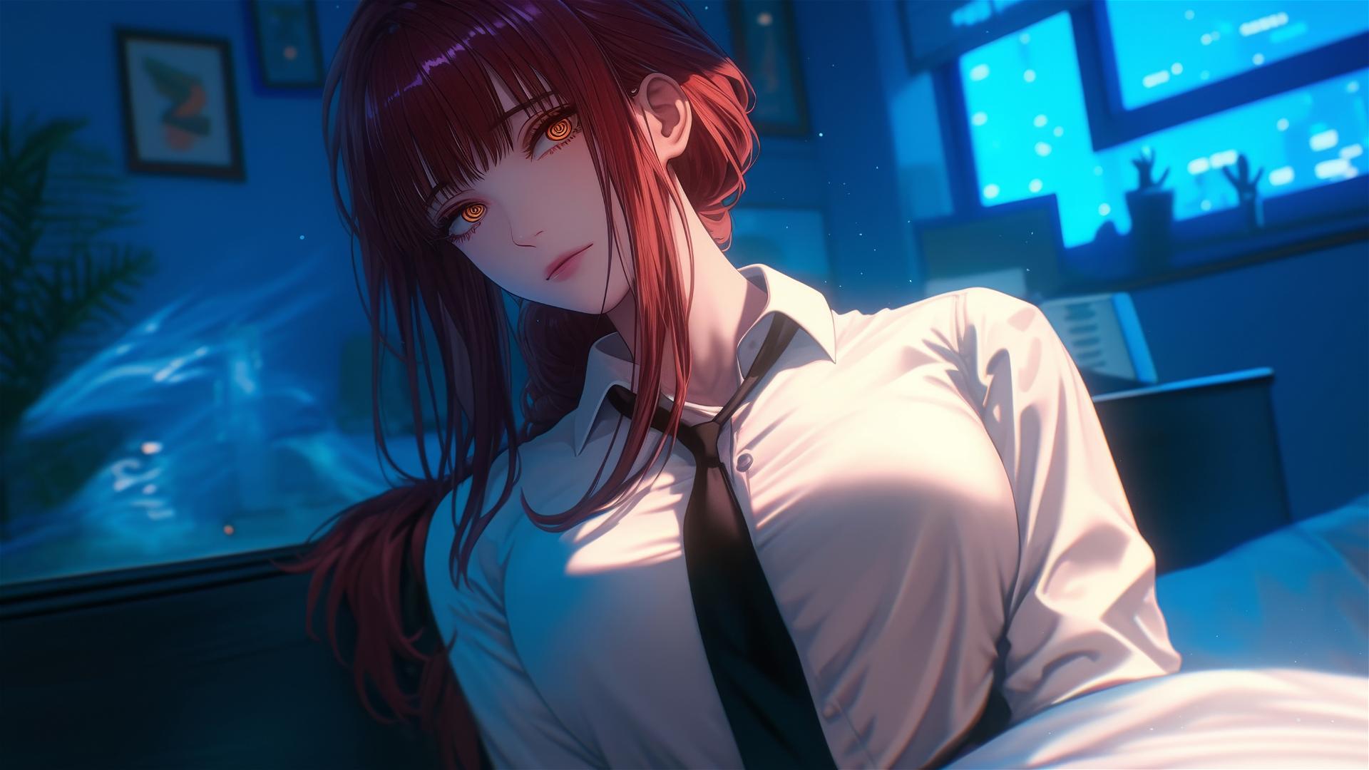 High angle shot of Makima from Chainsaw Man in bed with reddish hair.