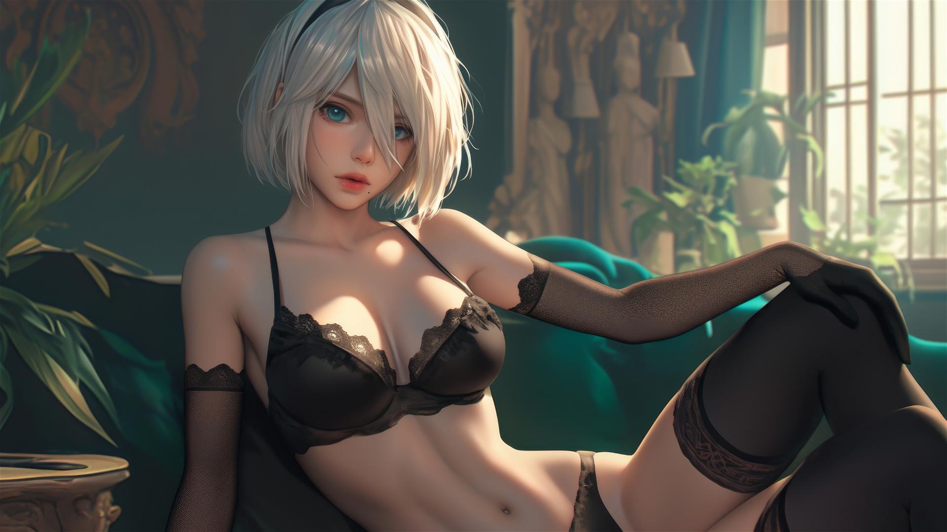 2B from Nier sitting in a modern hotel room with moonlight glow