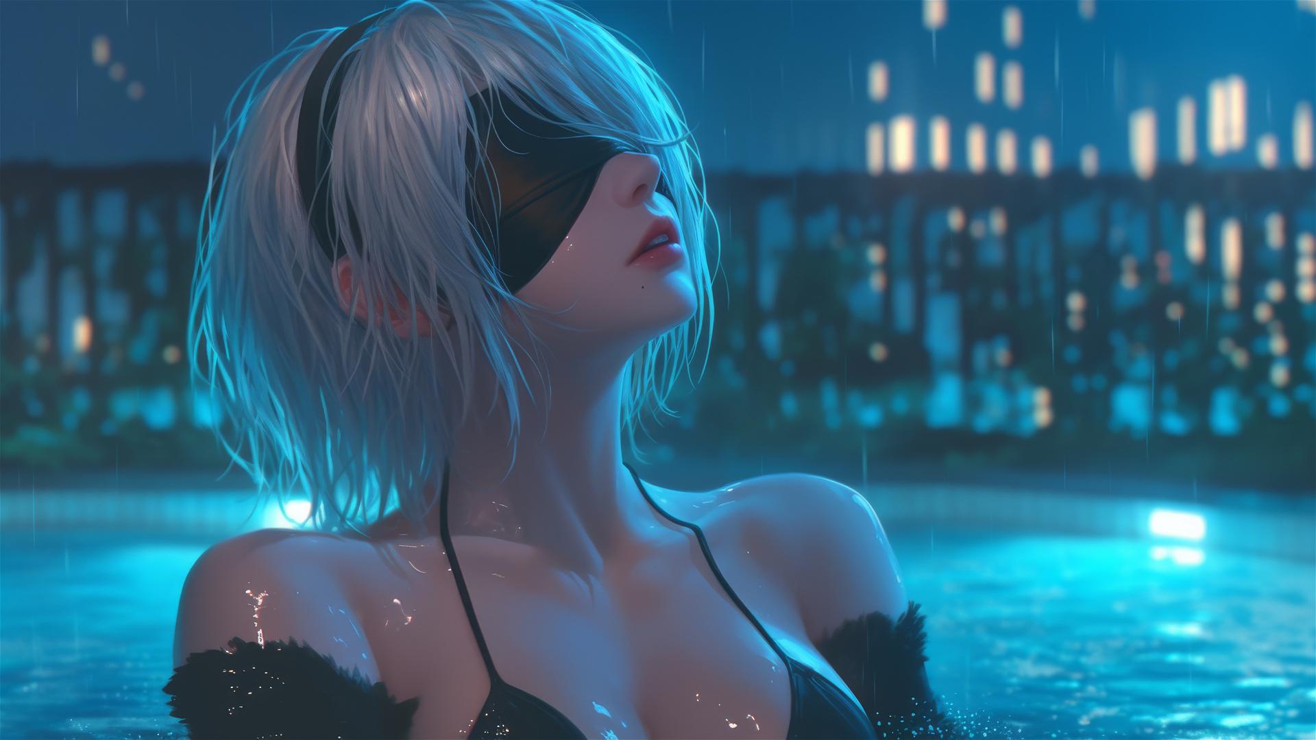 2B from Nier stands leisurely at a rainy swimming pool under moonlight.