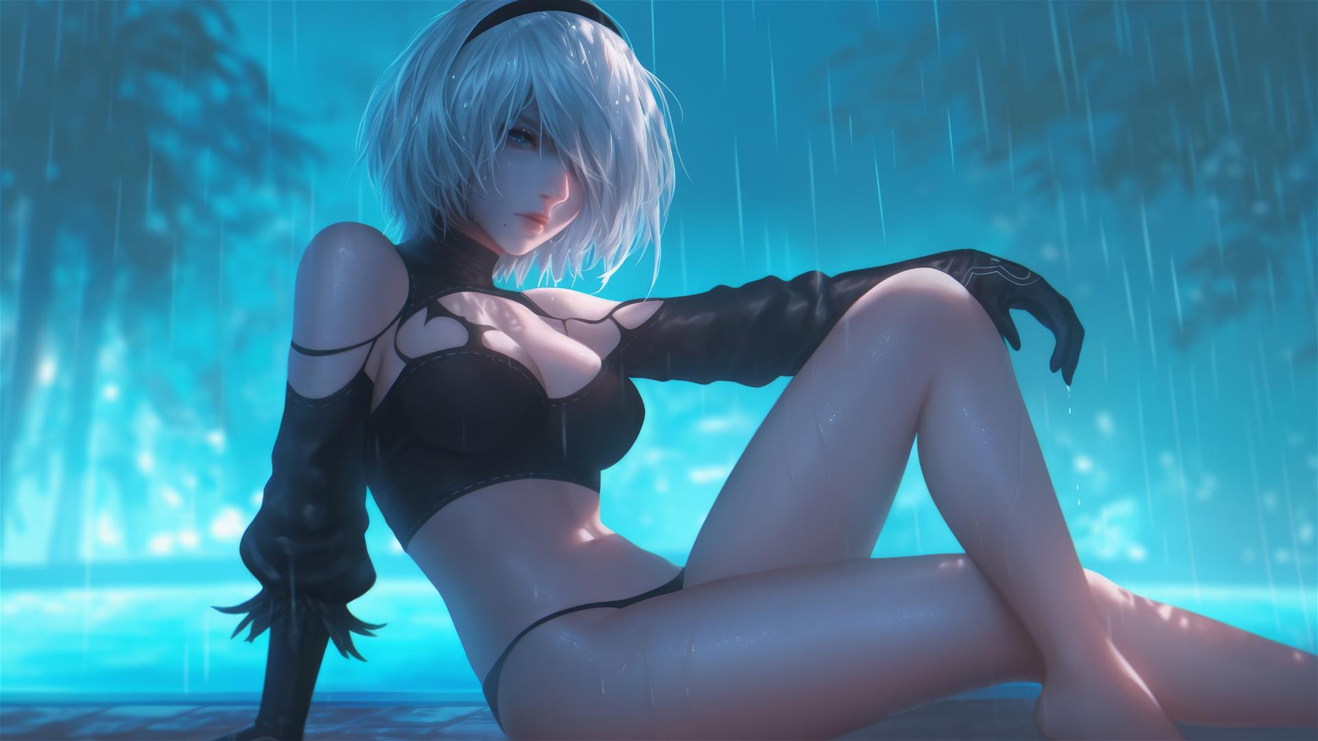2B from Nier resting by a rainy swimming pool, moonlight glow