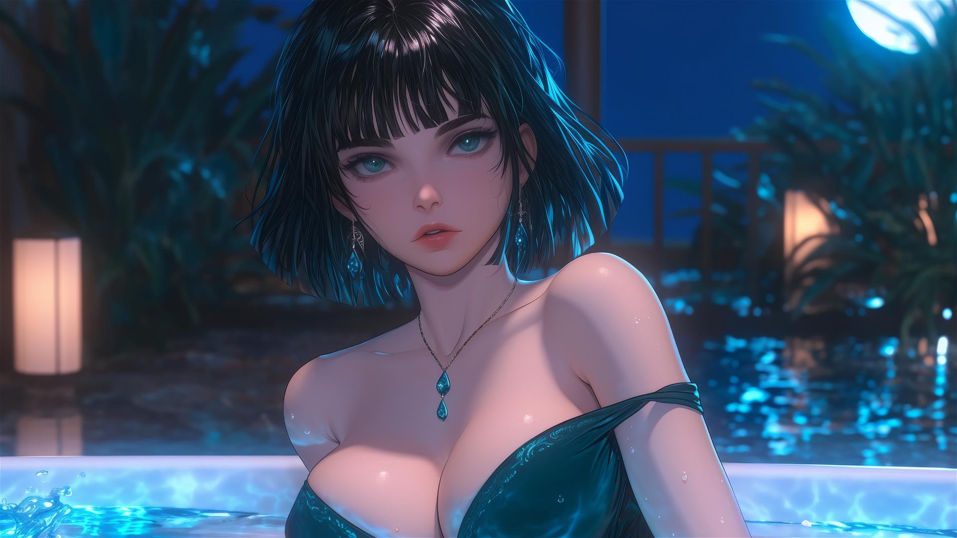Fubuki from One Punch Man resting in a tub under moonlight