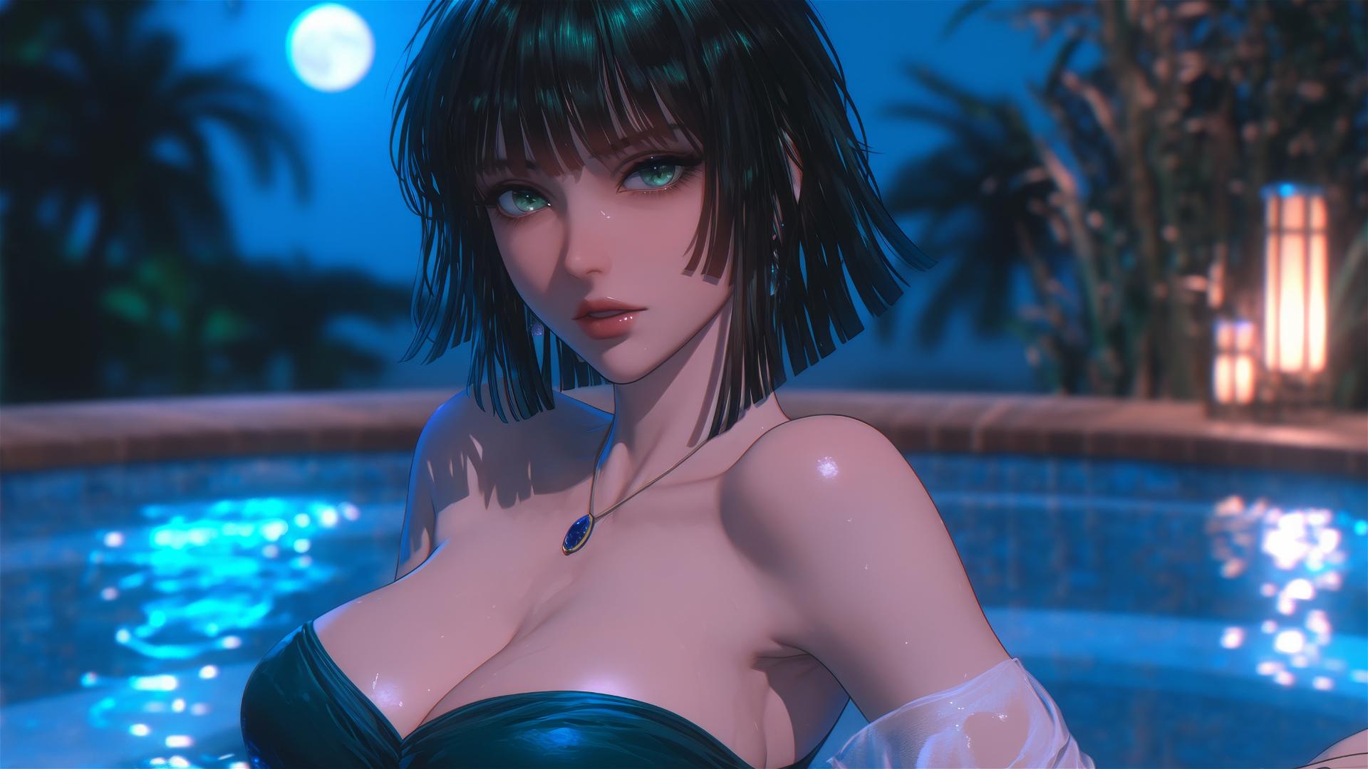 Fubuki from One Punch Man resting in a bathtub under moonlight, dark green bob hairstyle and light green eyes.