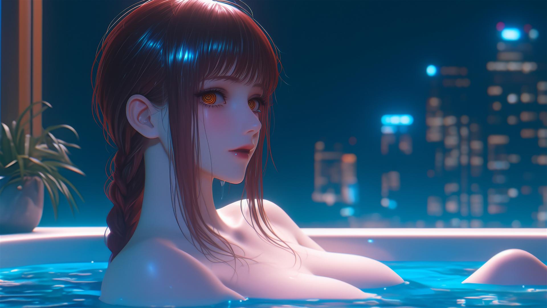 Makima from Chainsaw Man resting in a tub with moonlight glow