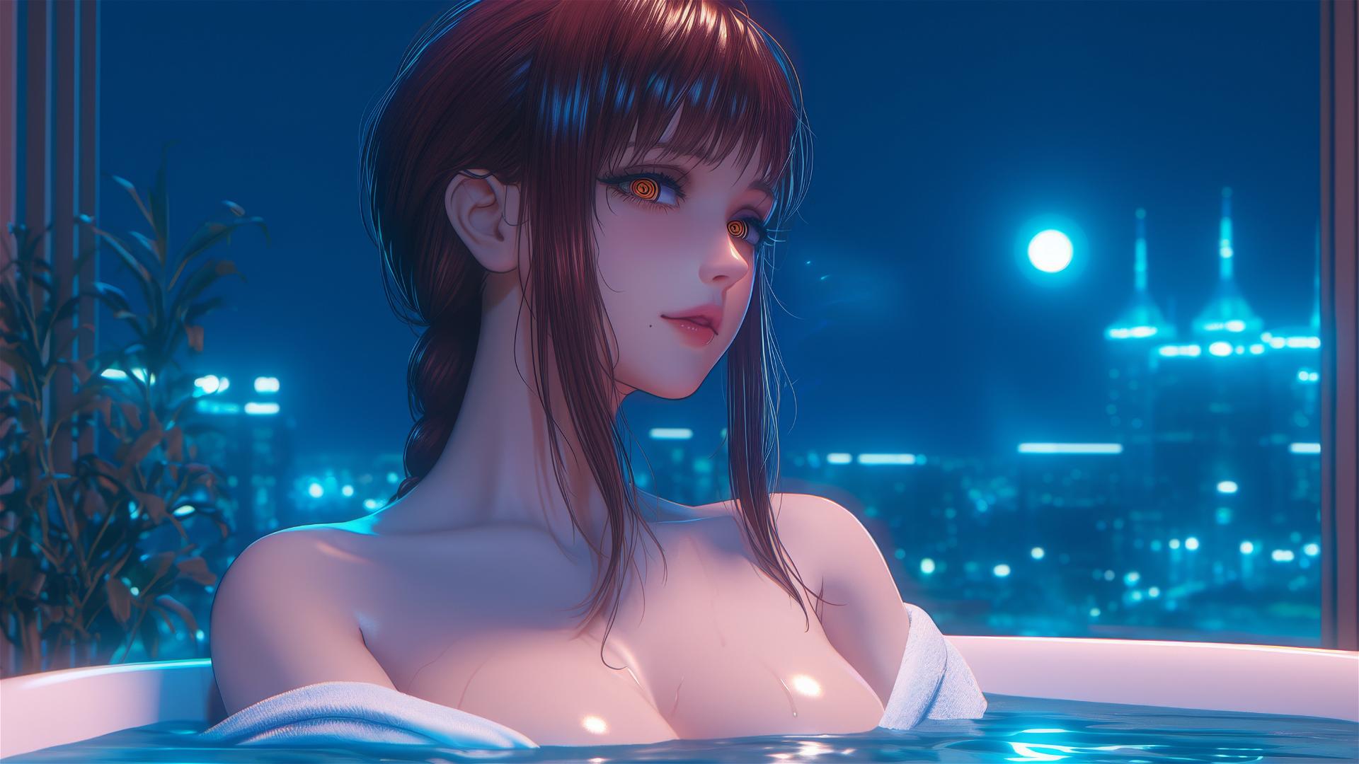 Makima from Chainsaw Man resting in a tub with moonlight glow