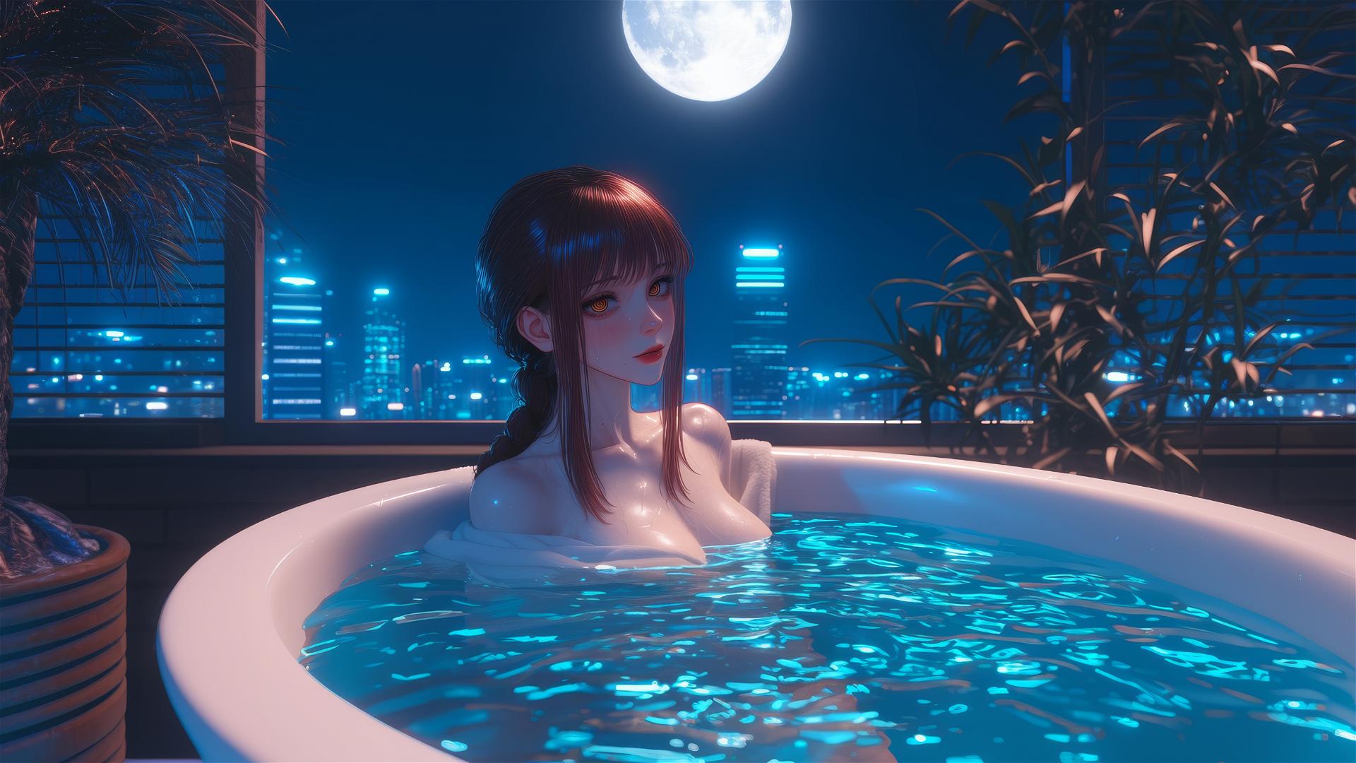 Makima from Chainsaw Man resting in a tub under moonlight