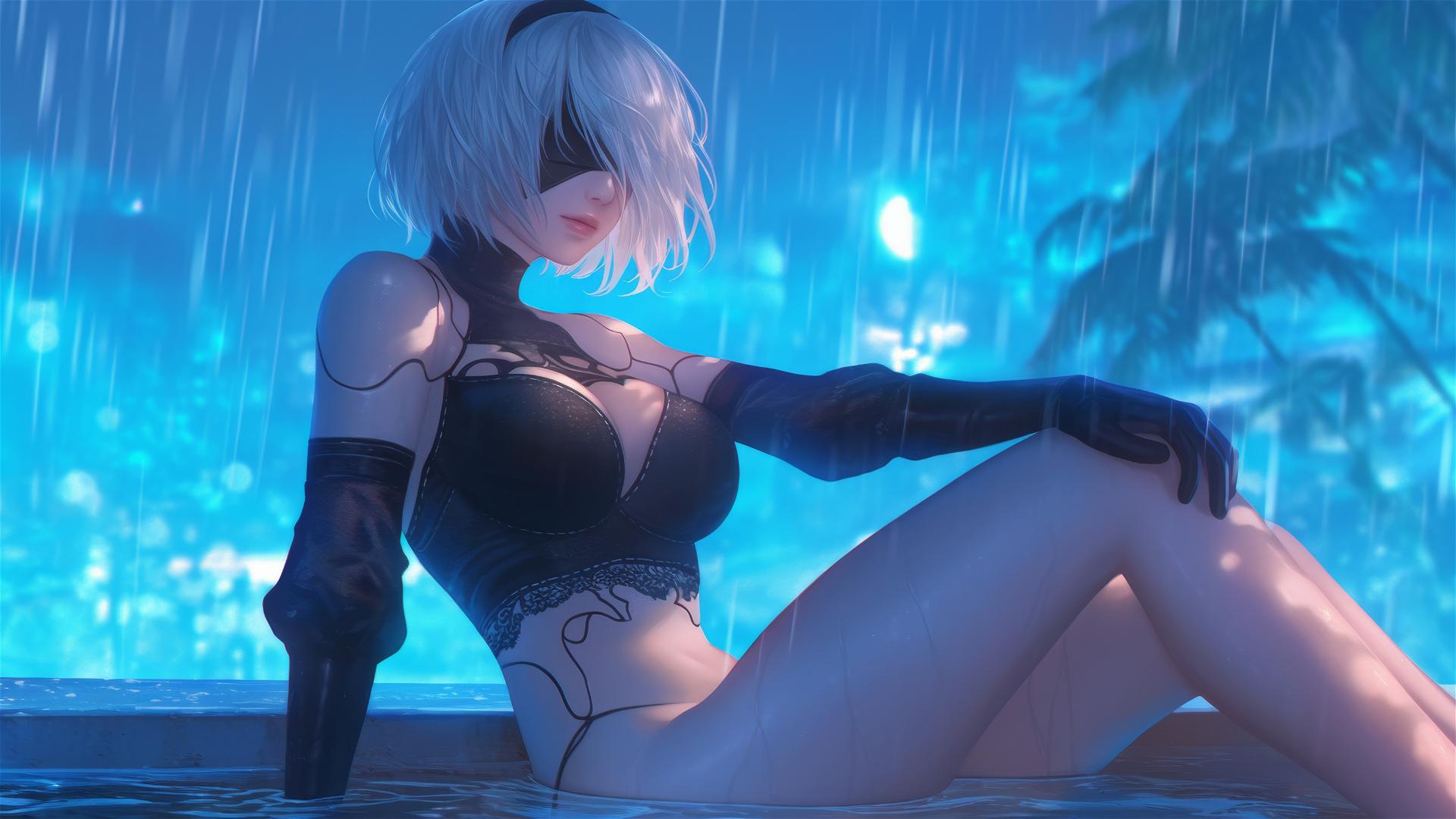 2B from Nier sitting leisurely at a rainy swimming pool under moonlight