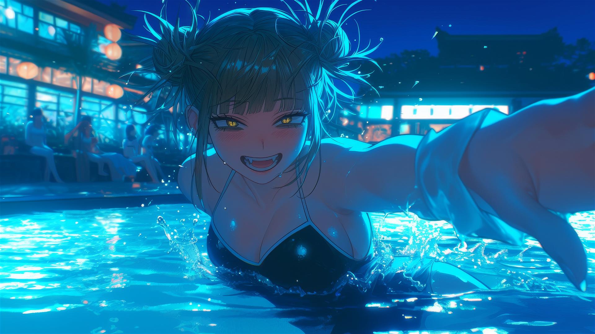 Himiko Toga from My Hero Academia jumping out of a swimming pool under moonlight