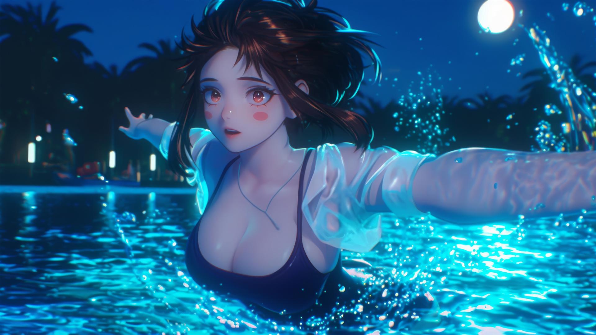Ochaco Uraraka jumping out of a pool under moonlight, auburn hair and eyes, pink blush marks.