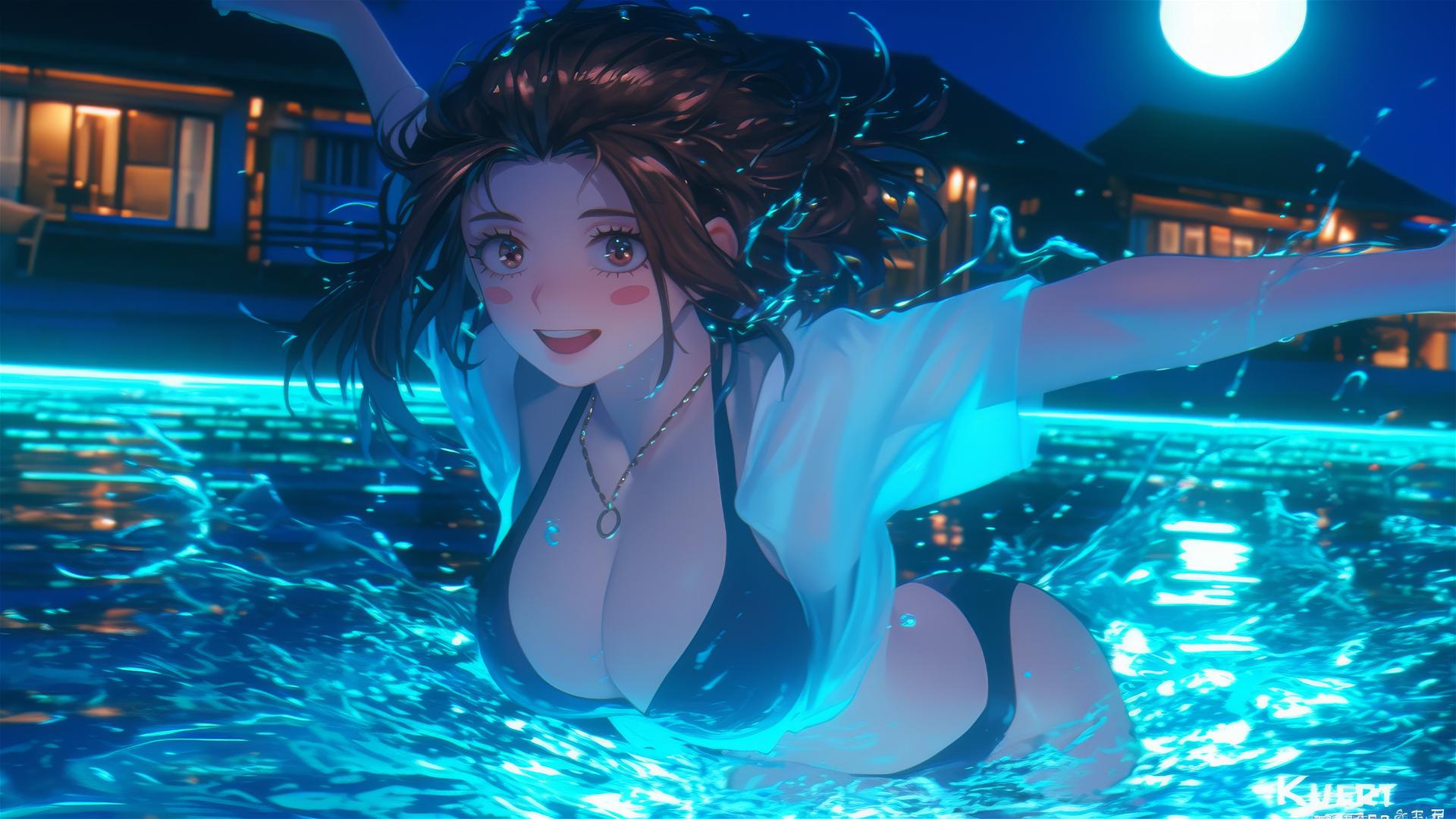 Ochaco Uraraka from My Hero Academia jumping out of a moonlit pool