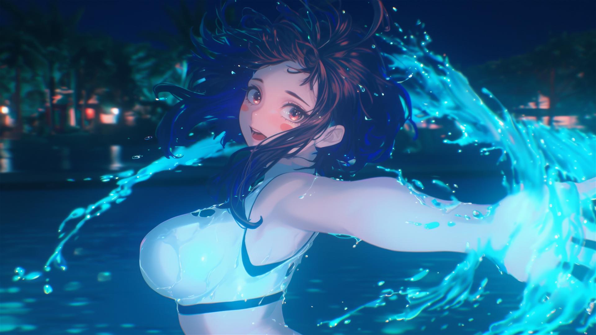 Ochaco Uraraka jumping out of a swimming pool under moonlight, with auburn hair and eyes.