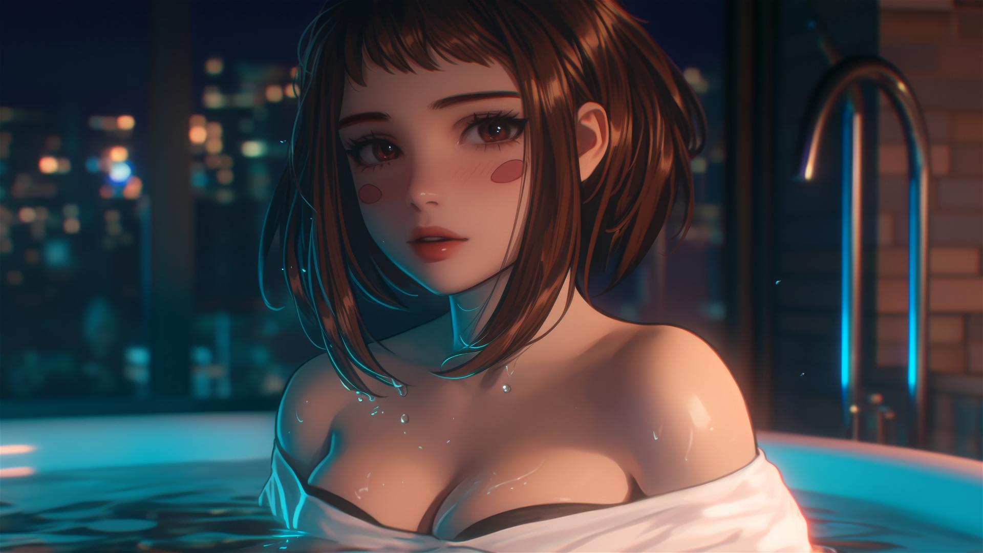 Ochaco Uraraka in a tub, soft glow accentuating her figure and auburn hair