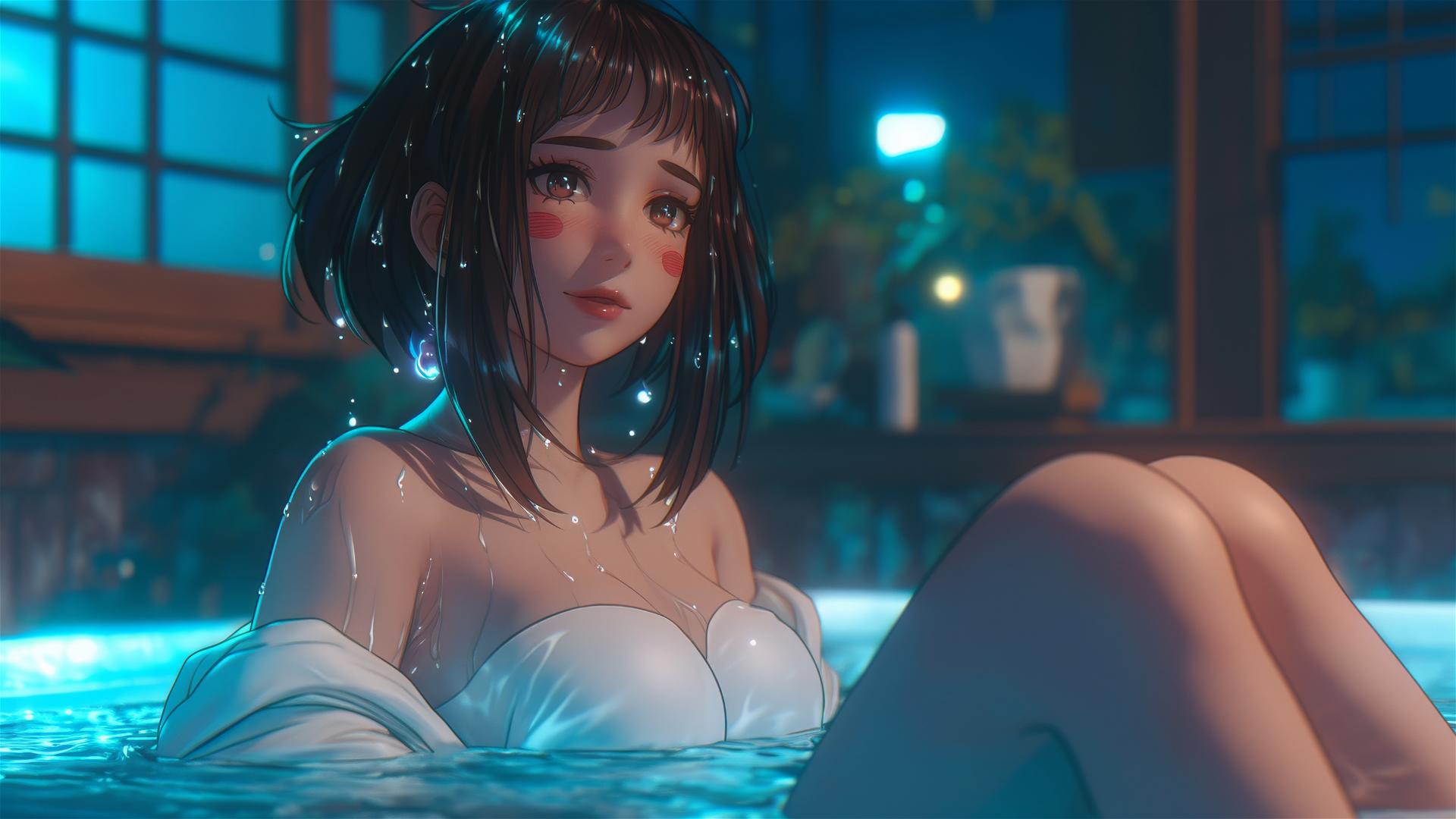 Ochaco Uraraka in a tub with soft glowing light and auburn hair