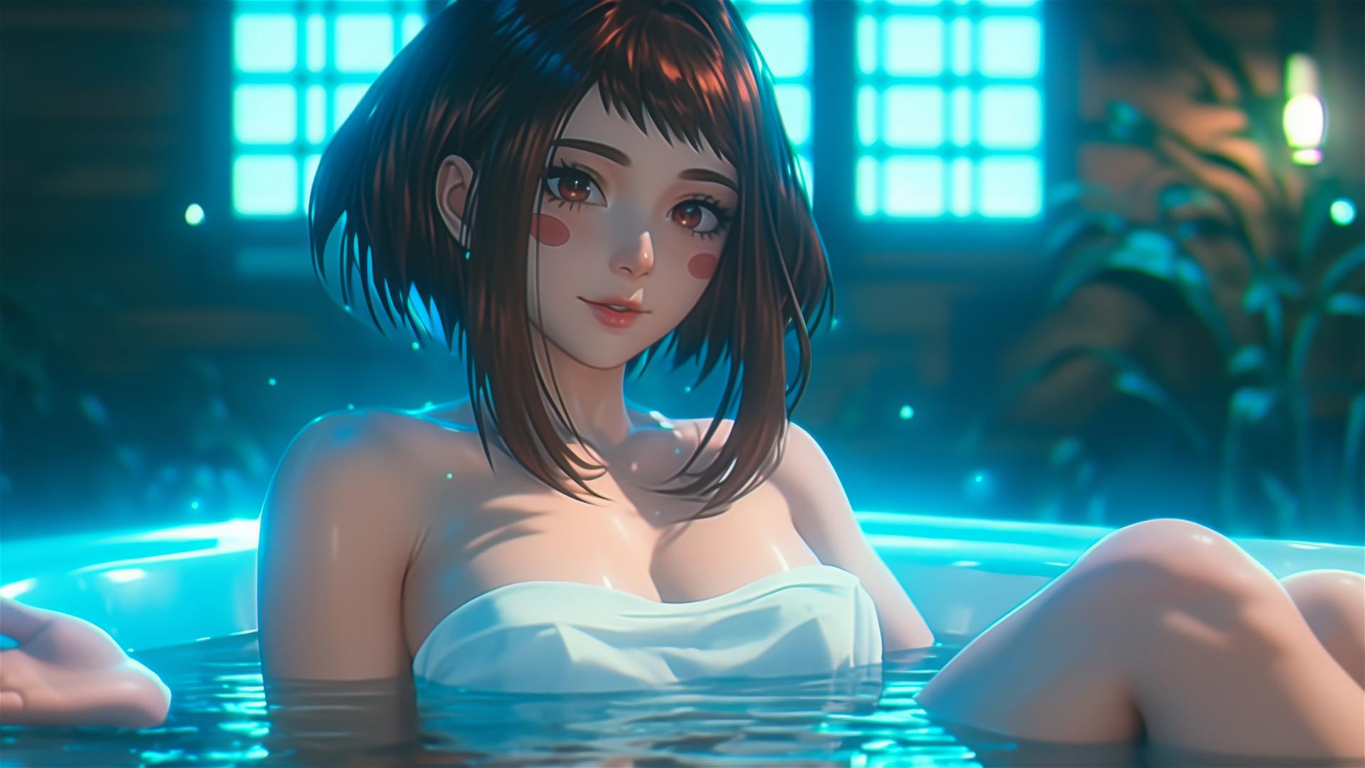 Ochaco Uraraka from My Hero Academia resting in a tub with warm light