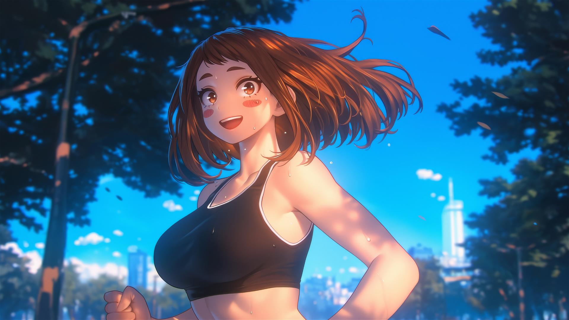 Ochaco Uraraka running in a park at sunrise with a soft glow