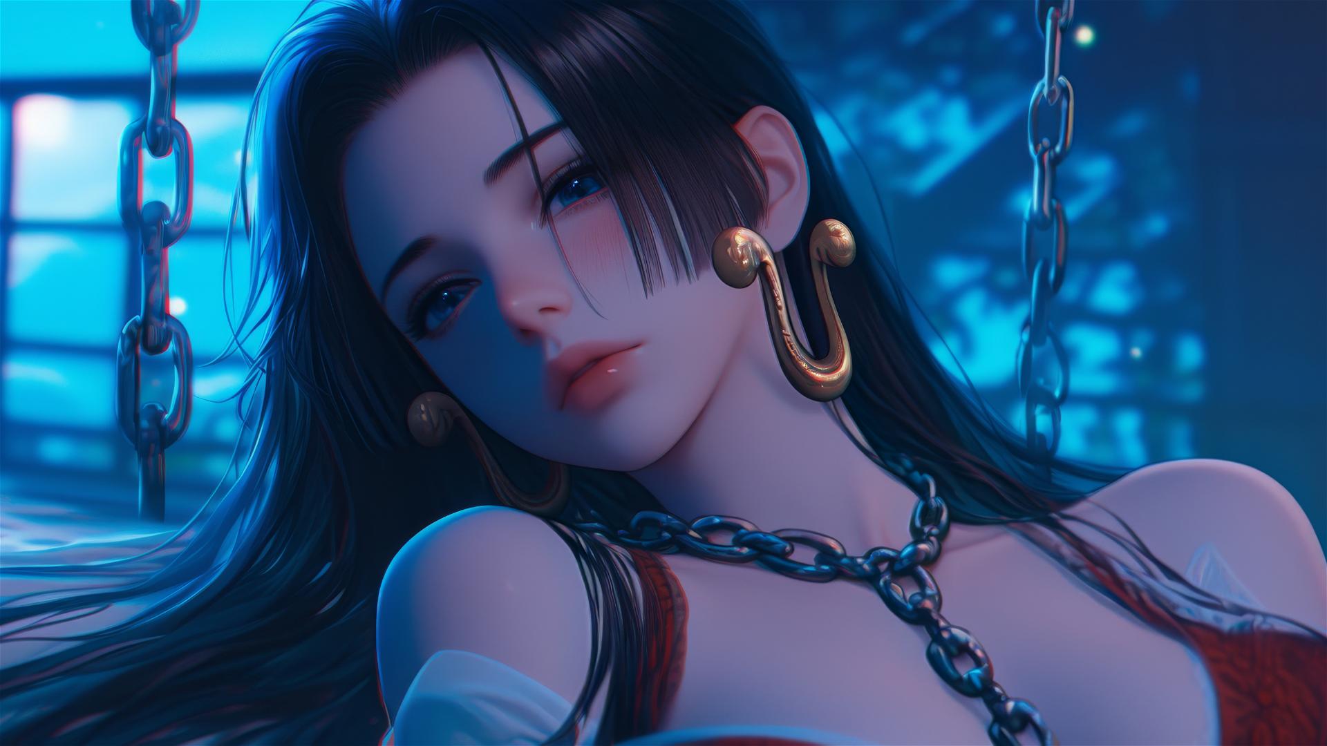 Boa Hancock in red, chained in hotel room with moonlight glow