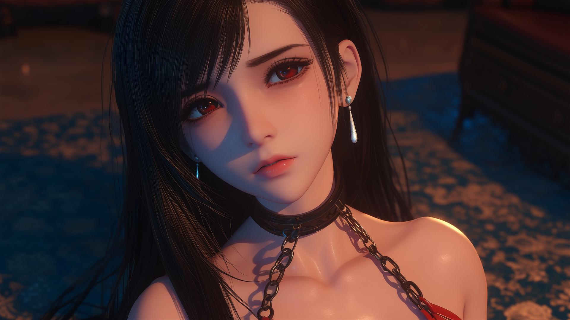 High angle of Tifa Lockhart in red, neck locked with iron chains in a hotel room.