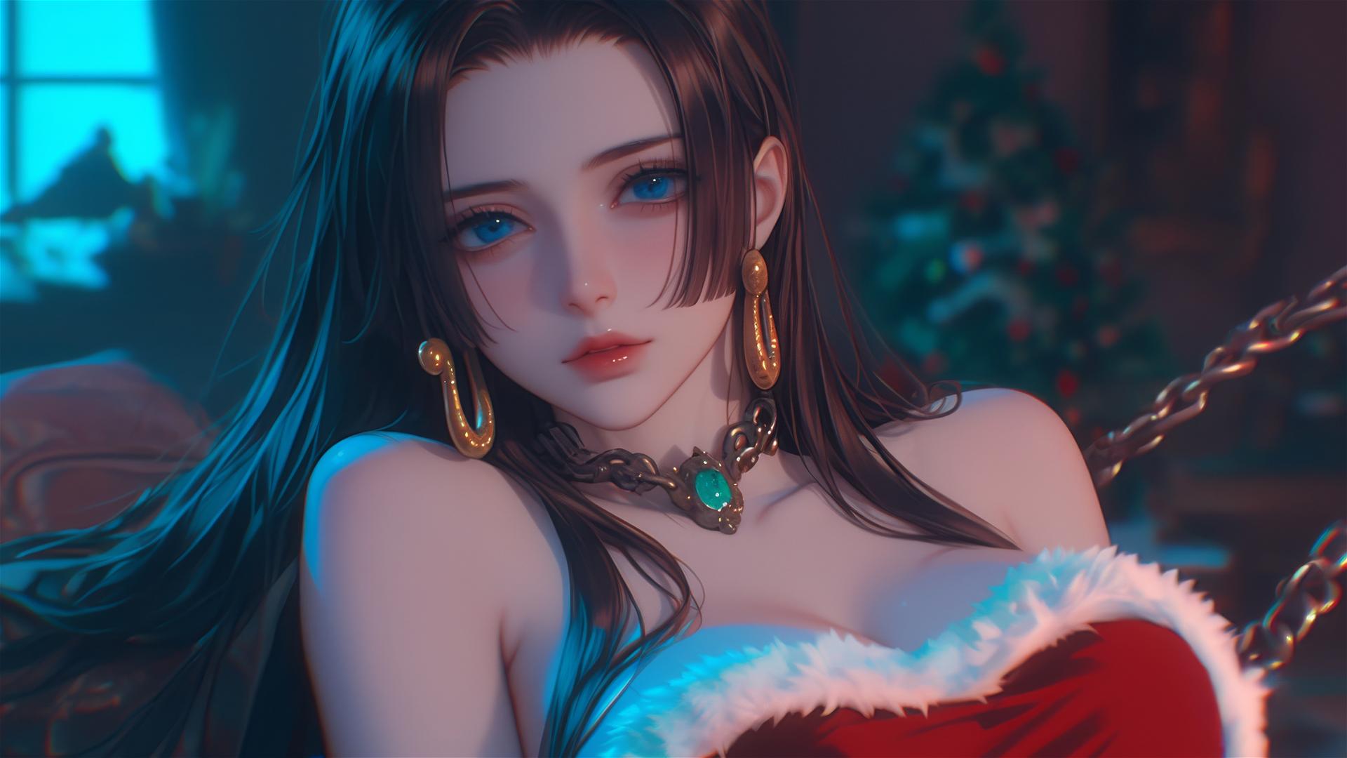 Boa Hancock in Christmas costume, chained in modern hotel room with warm neon light.