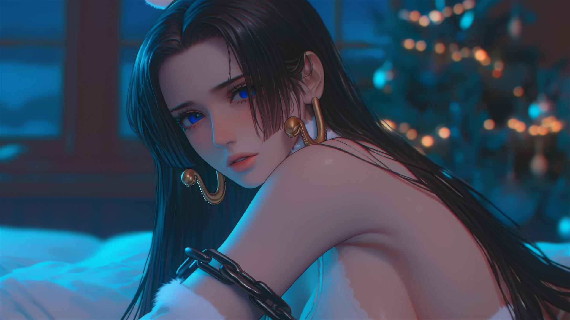 Boa Hancock in Christmas costume, chained in neon-lit modern hotel room.