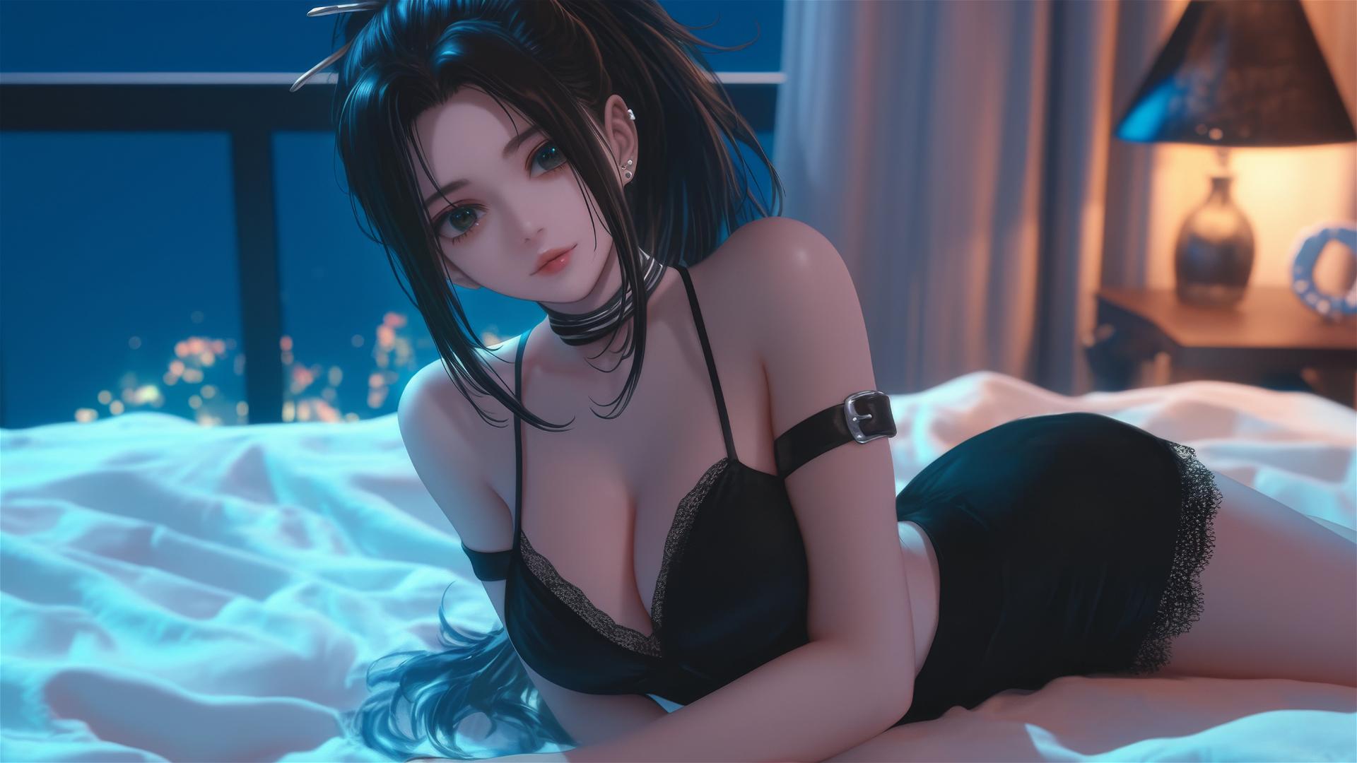 Momo Yaoyorozu in a modern hotel room with neon light highlighting her figure.