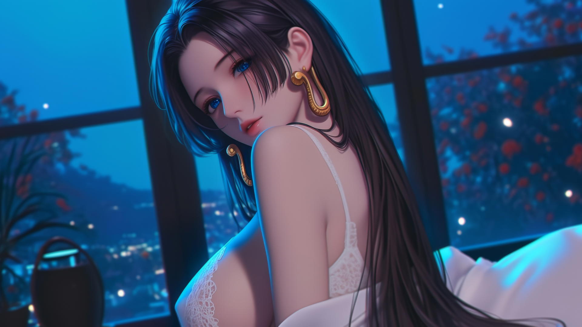 Boa Hancock from behind, in white, resting in a modern hotel room with neon lighting