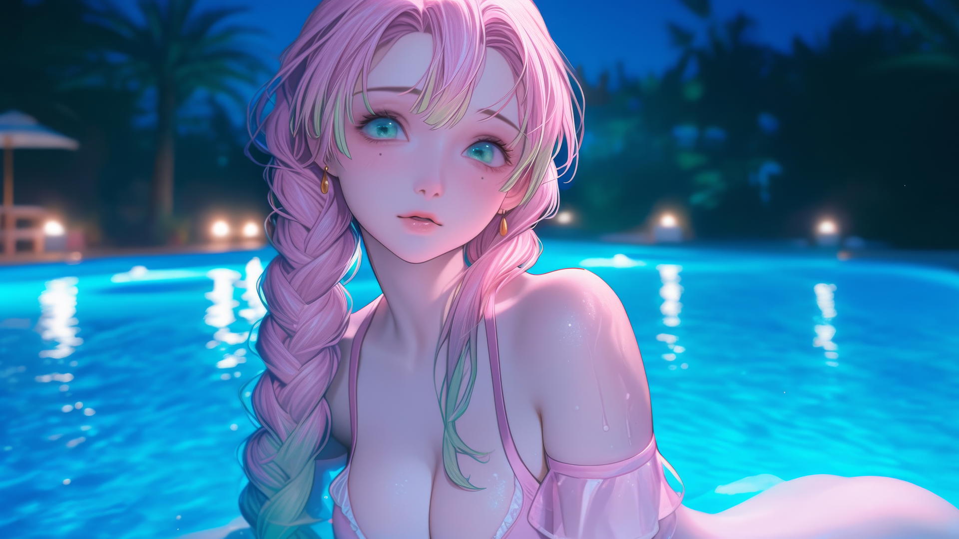 Mitsuri Kanroji resting by a rainy swimming pool under moonlight, wearing pink dress.