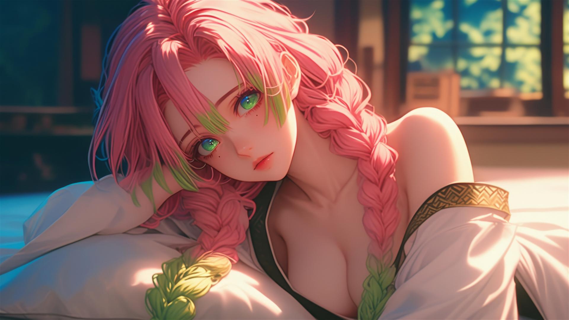 Mitsuri Kanroji from Demon Slayer resting in a modern hotel room with moonlight.