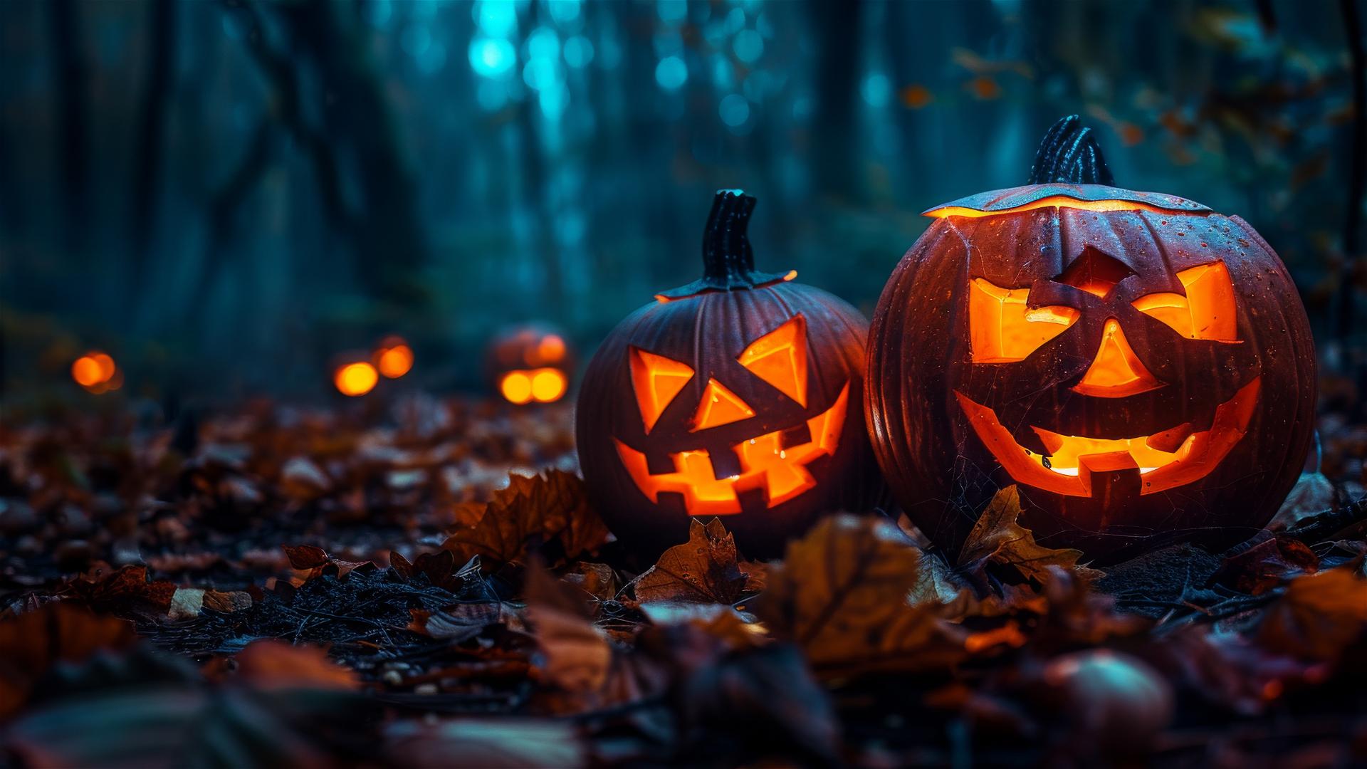 spooky Halloween theme with jack-o'-lanterns, dark sky, and eerie atmosphere