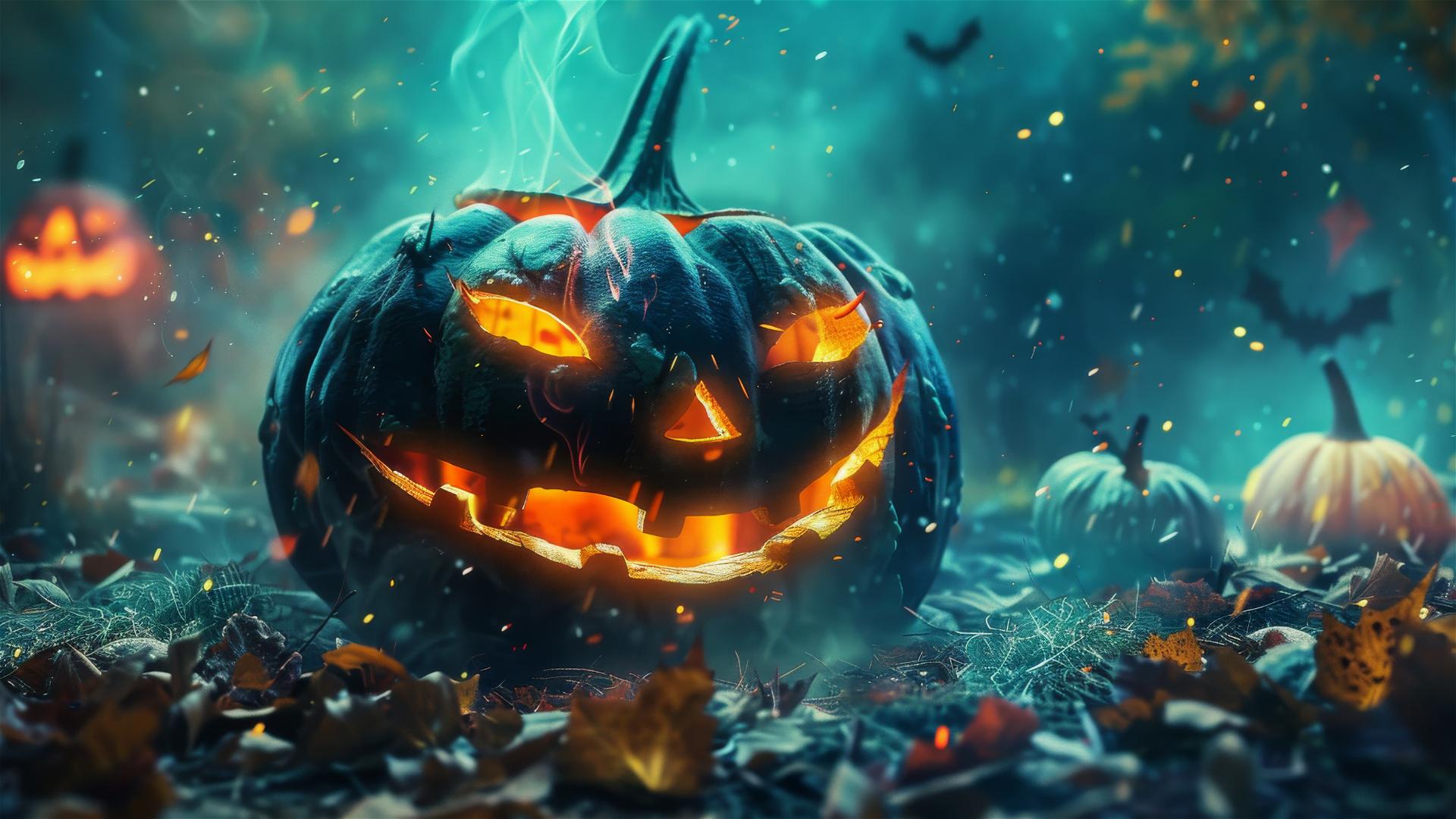 Spooky Halloween scene with jack-o'-lanterns, haunted house, moonlight