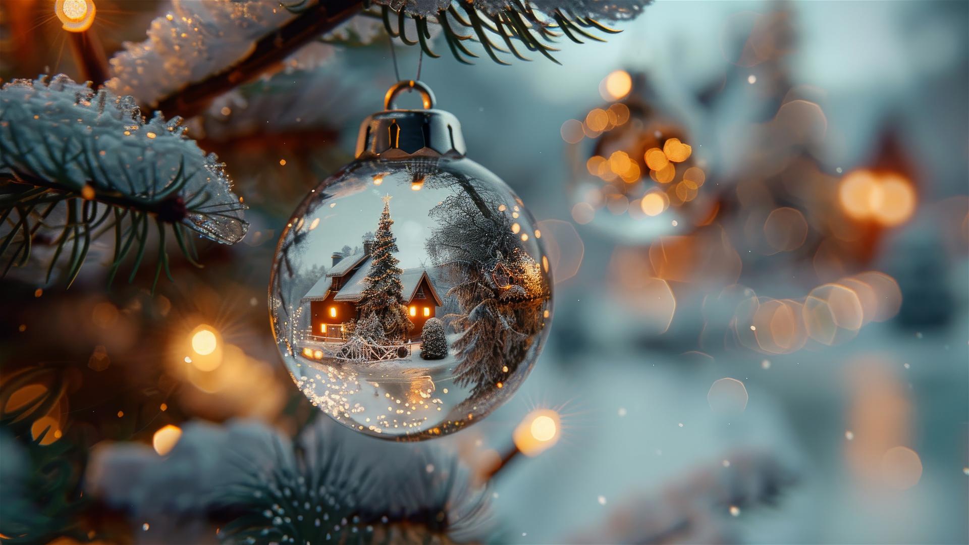 Glass Christmas ornaments with snowy villages inside on a tree