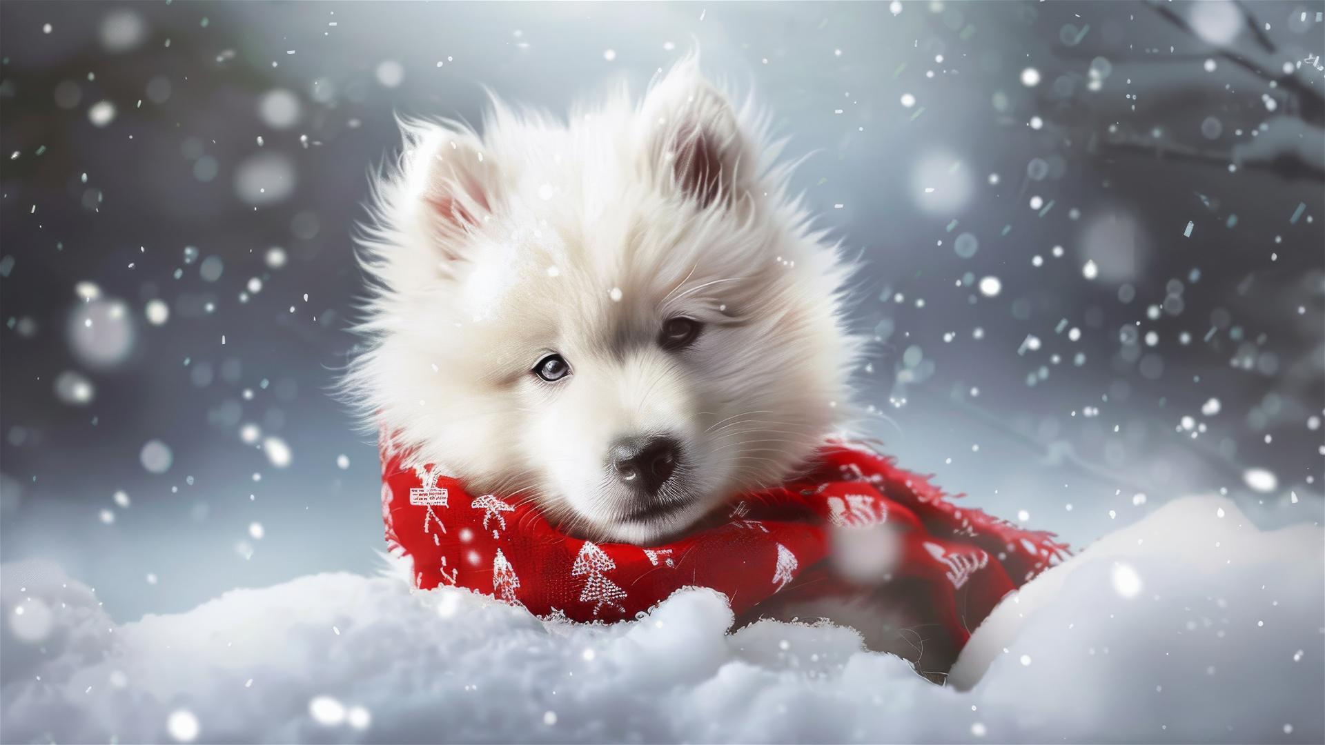 Realistic painting of a small, cheerful Samoyed dog celebrating the New Year
