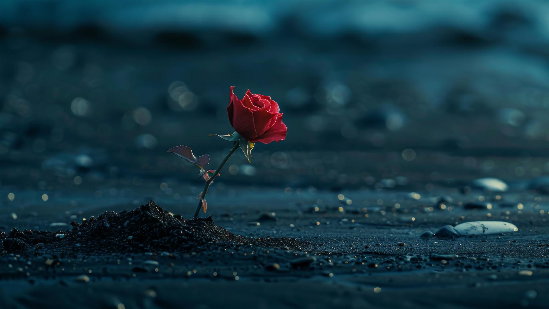 A rose flower on a black beach at night