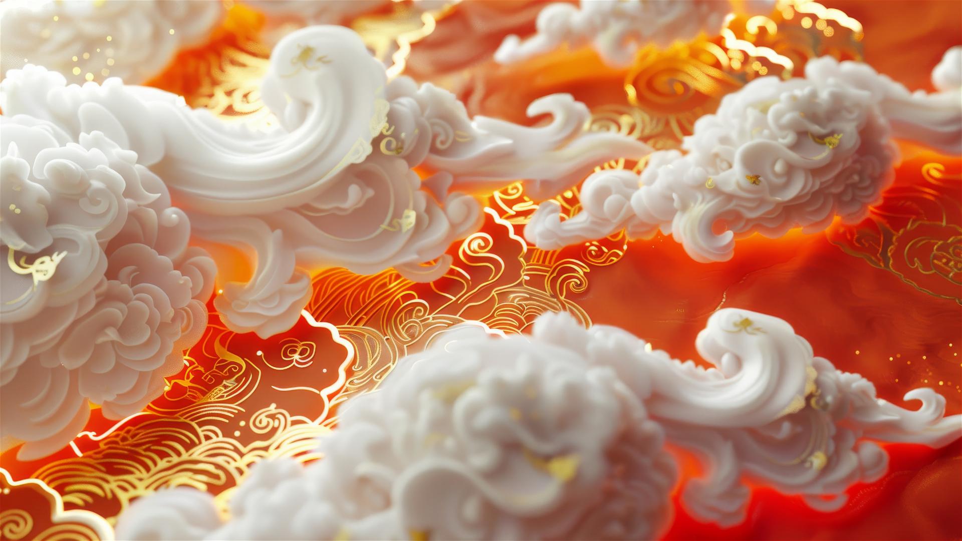 Cloisonne enamel with Chinese patterns in white and orange on a red background.
