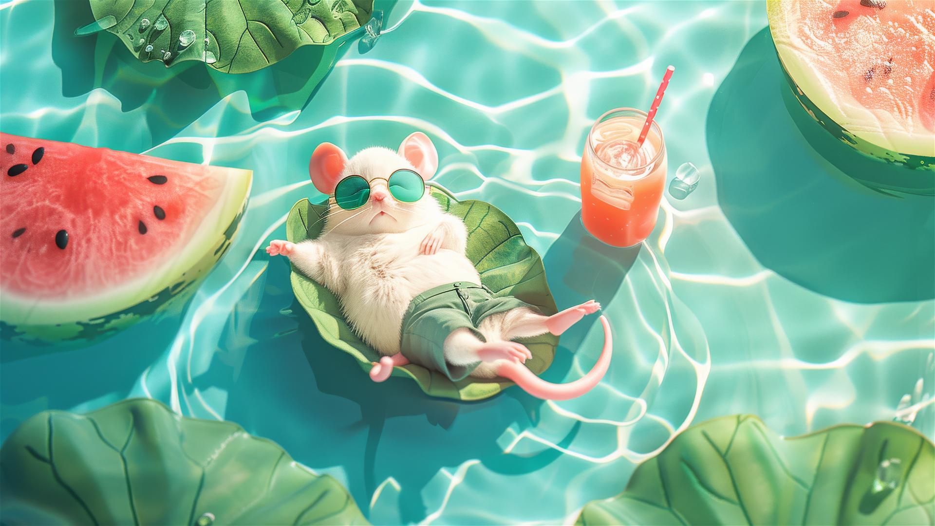 Mouse in sunglasses, shorts on lotus leaf with watermelon, in Rococo style.